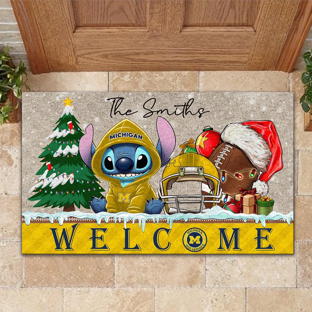 Michigan Wolverines Cute Stitch Christmas Doormat - Famjoys Michigan Wolverines Cute Stitch Christmas Doormat - Famjoys