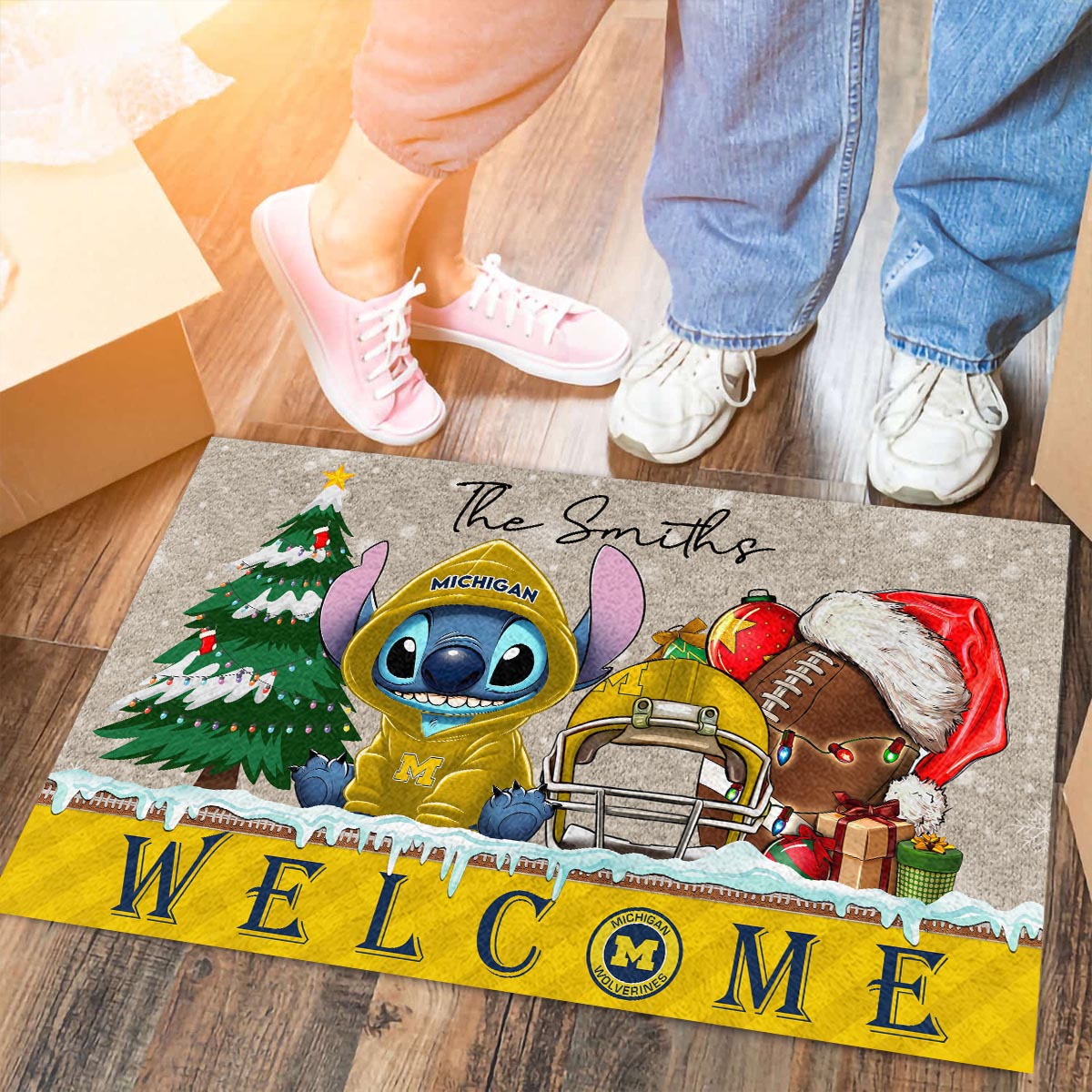 Michigan Wolverines Cute Stitch Christmas Doormat - Famjoys Michigan Wolverines Cute Stitch Christmas Doormat - Famjoys
