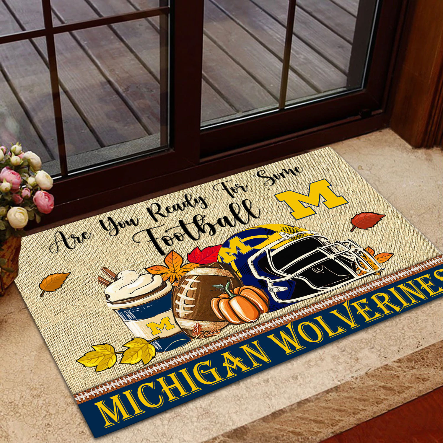 Michigan Wolverines Fall Football Custom Doormat - Custom Text - Famjoys Michigan Wolverines Fall Football Custom Doormat - Custom Text - Famjoys
