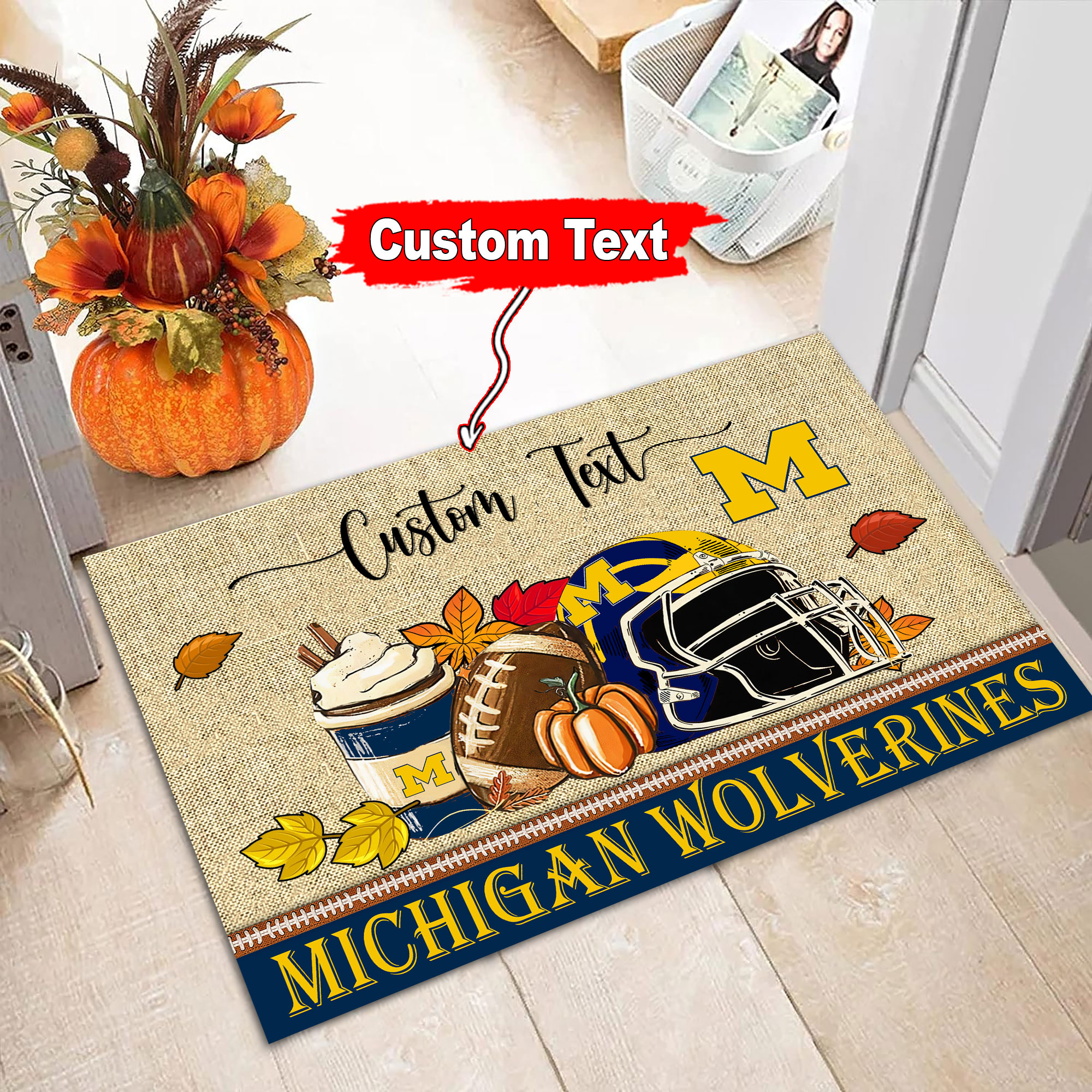 Michigan Wolverines Fall Football Custom Doormat - Custom Text - Famjoys Michigan Wolverines Fall Football Custom Doormat - Custom Text - Famjoys