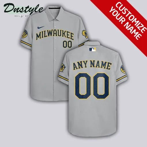 Milwaukee Brewers Personalized Grey Hawaiian Shirt - Famjoys Milwaukee Brewers Personalized Grey Hawaiian Shirt - Famjoys