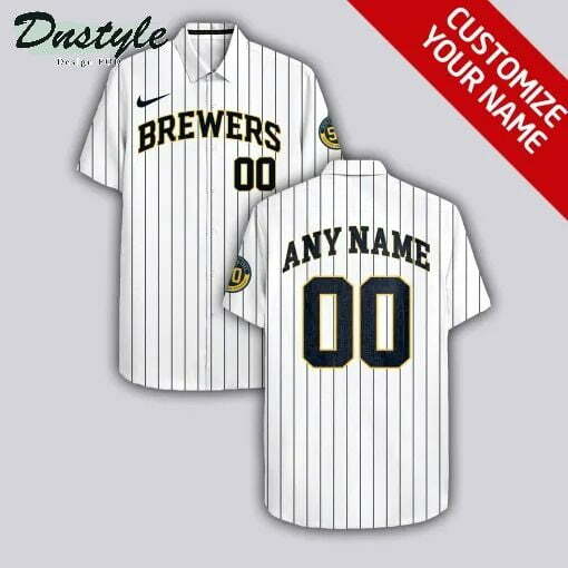 Milwaukee Brewers Personalized White Striped Hawaiian Shirt - Famjoys Milwaukee Brewers Personalized White Striped Hawaiian Shirt - Famjoys