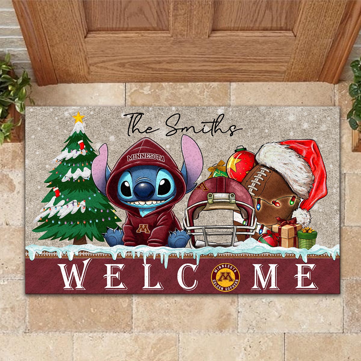 Minnesota Golden Gophers Cute Stitch Christmas Doormat - Famjoys Minnesota Golden Gophers Cute Stitch Christmas Doormat - Famjoys