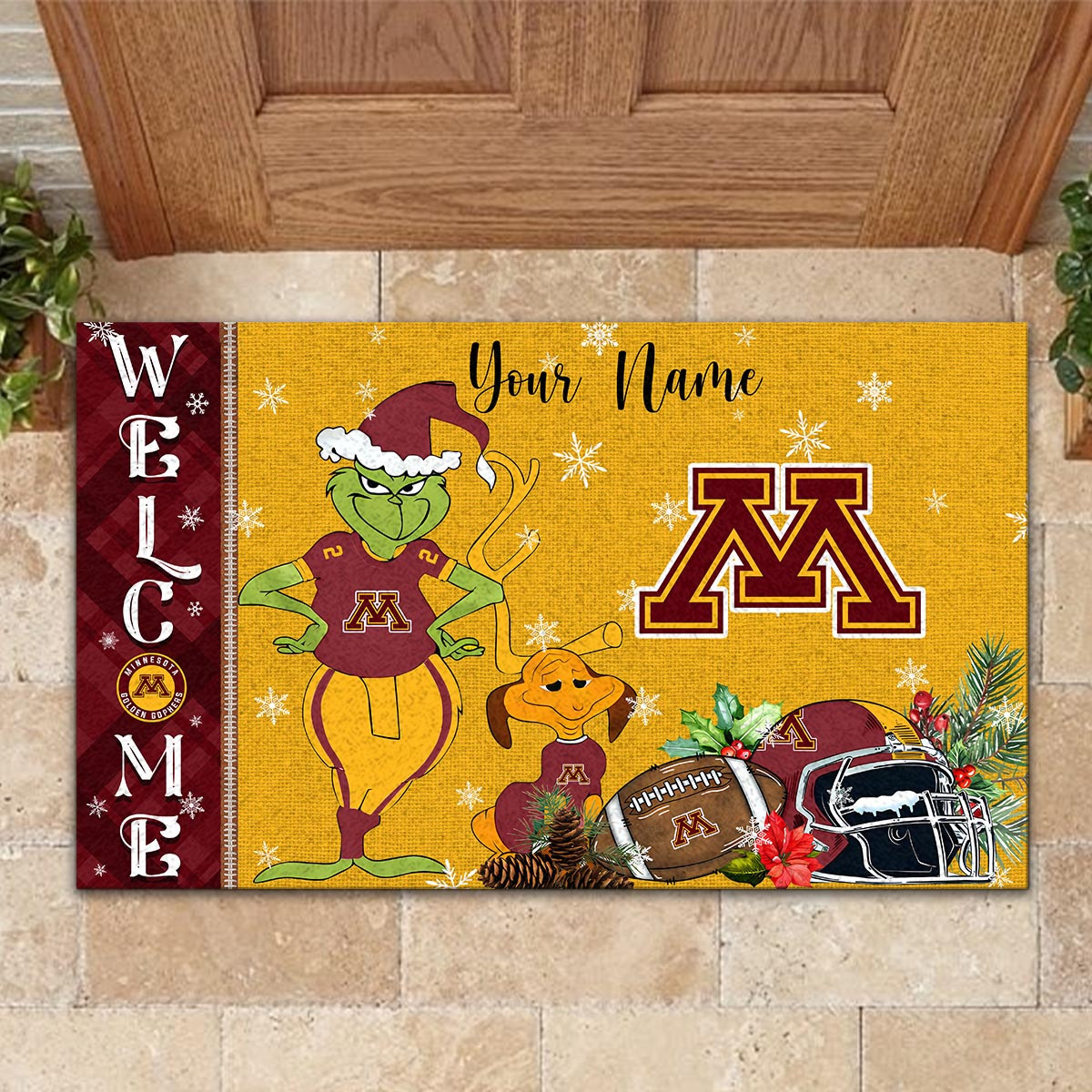 Minnesota Golden Gophers Grinch Christmas Welcome Football Doormat - Famjoys Minnesota Golden Gophers Grinch Christmas Welcome Football Doormat - Famjoys