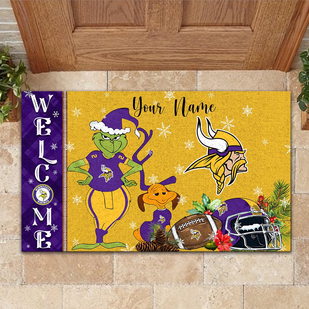 Minnesota Vikings Grinch Christmas Welcome Football Doormat - Famjoys Minnesota Vikings Grinch Christmas Welcome Football Doormat - Famjoys