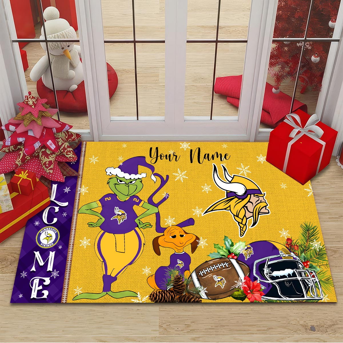 Minnesota Vikings Grinch Christmas Welcome Football Doormat - Famjoys Minnesota Vikings Grinch Christmas Welcome Football Doormat - Famjoys