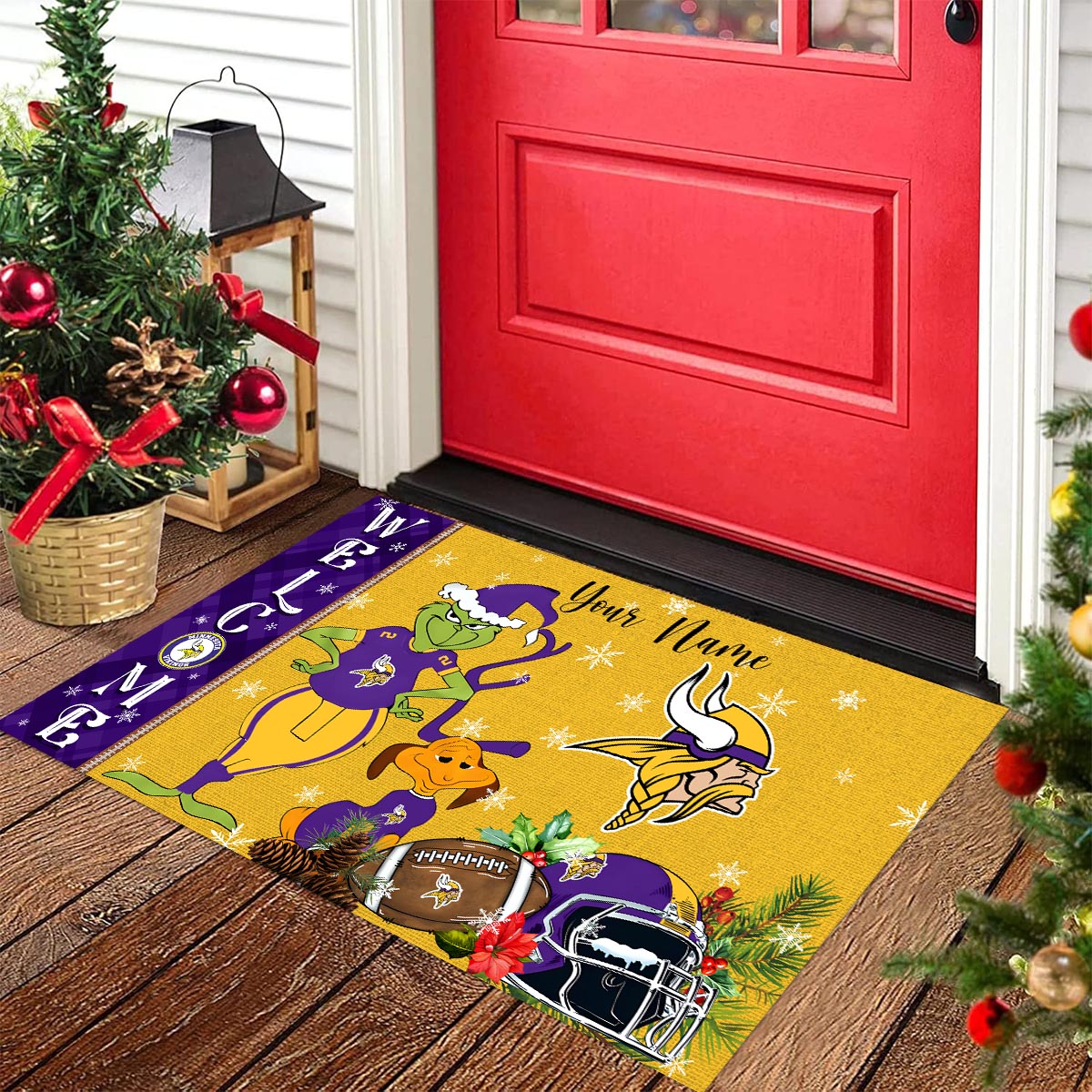 Minnesota Vikings Grinch Christmas Welcome Football Doormat - Famjoys Minnesota Vikings Grinch Christmas Welcome Football Doormat - Famjoys