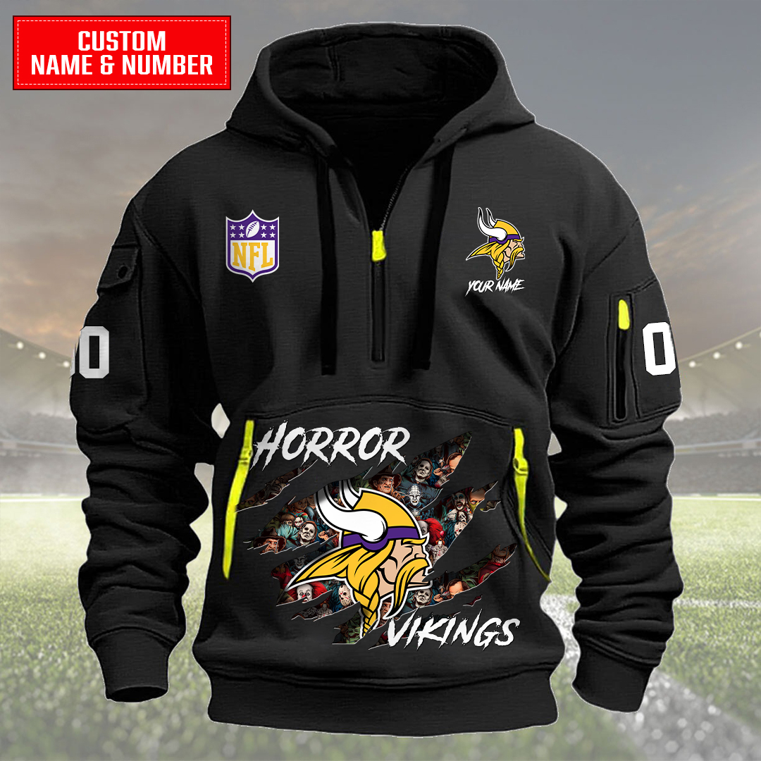 Minnesota Vikings Halloween Horror Collection Personalize Quarter Zip Hoodie AZCAQZH000009 - Famjoys Minnesota Vikings Halloween Horror Collection Personalize Quarter Zip Hoodie AZCAQZH000009 - Famjoys