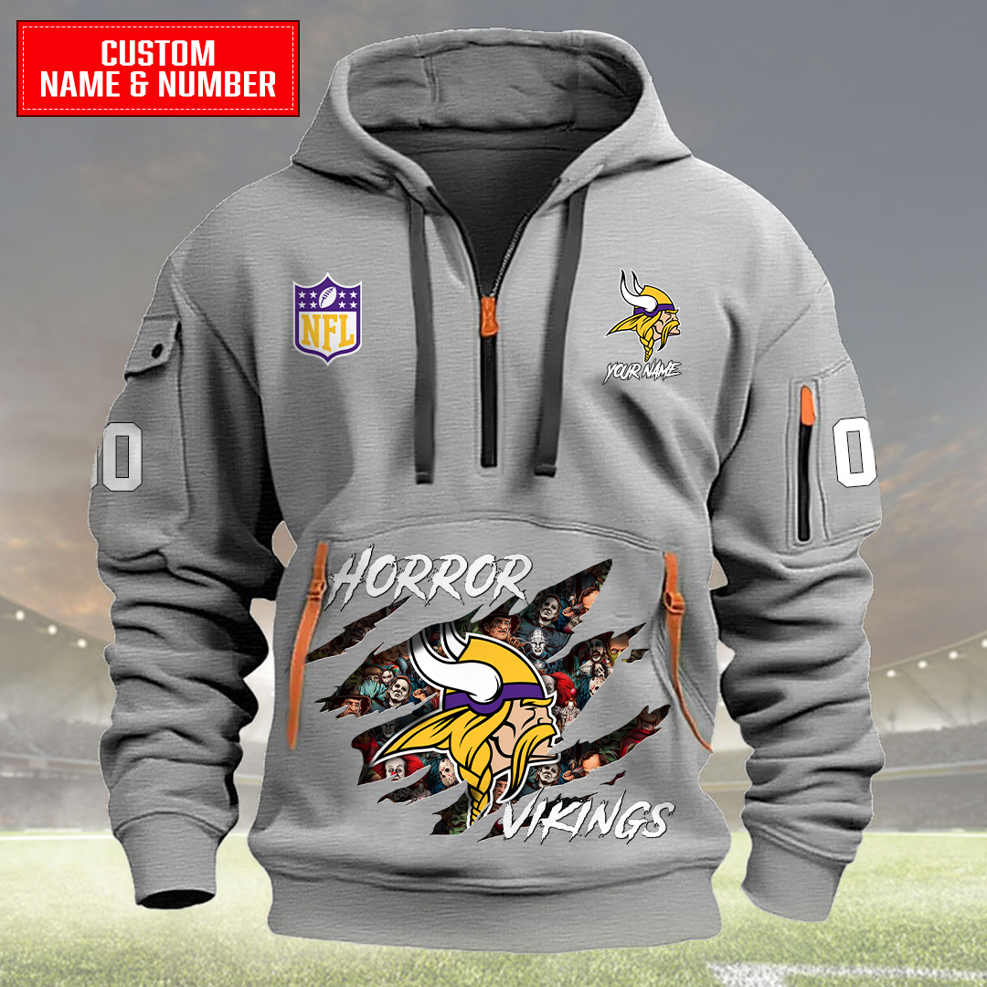 Minnesota Vikings Halloween Horror Collection Personalize Quarter Zip Hoodie AZCAQZH000009 - Famjoys Minnesota Vikings Halloween Horror Collection Personalize Quarter Zip Hoodie AZCAQZH000009 - Famjoys