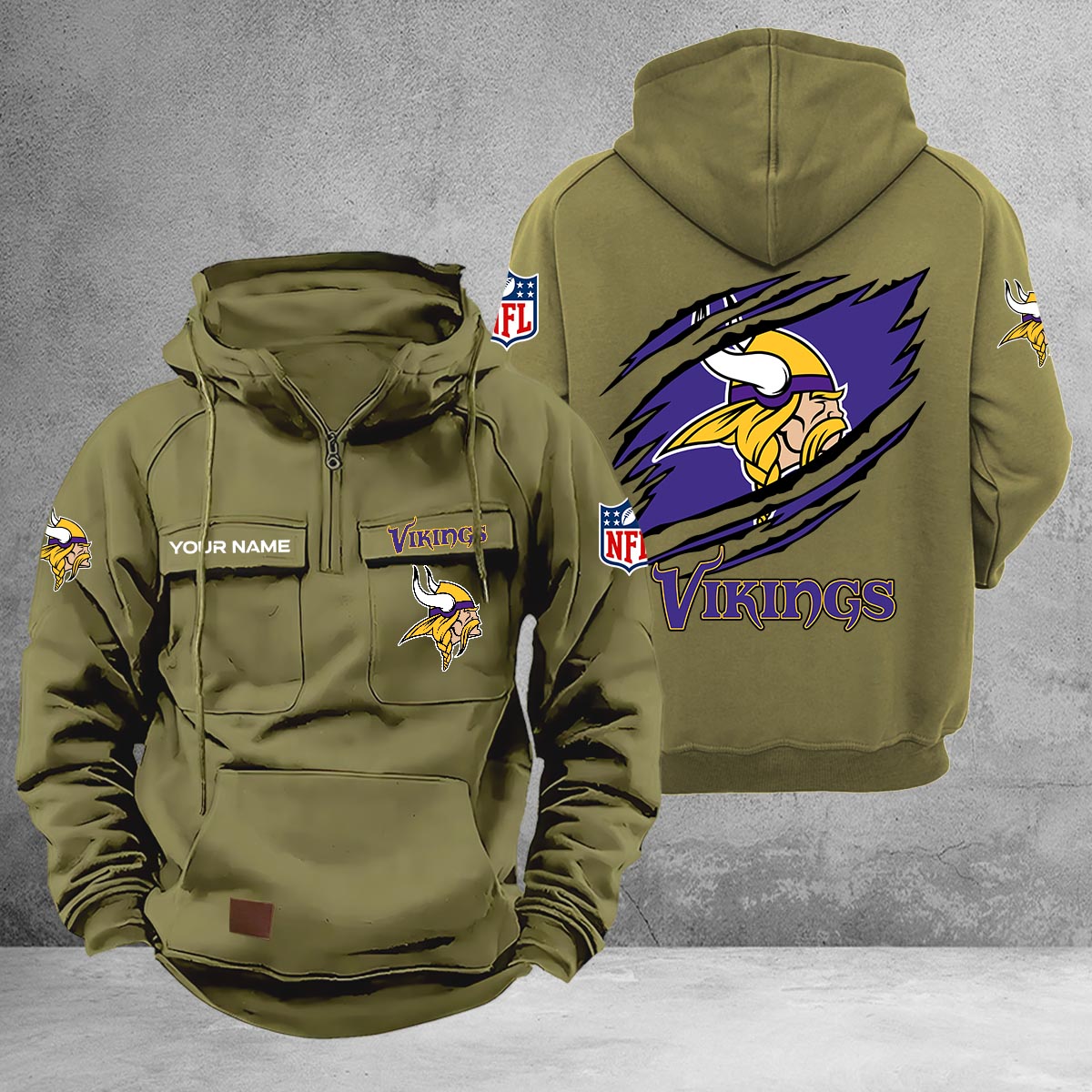 Minnesota Vikings Multi-Pockets Zip-Up Hoodie - Famjoys Minnesota Vikings Multi-Pockets Zip-Up Hoodie - Famjoys