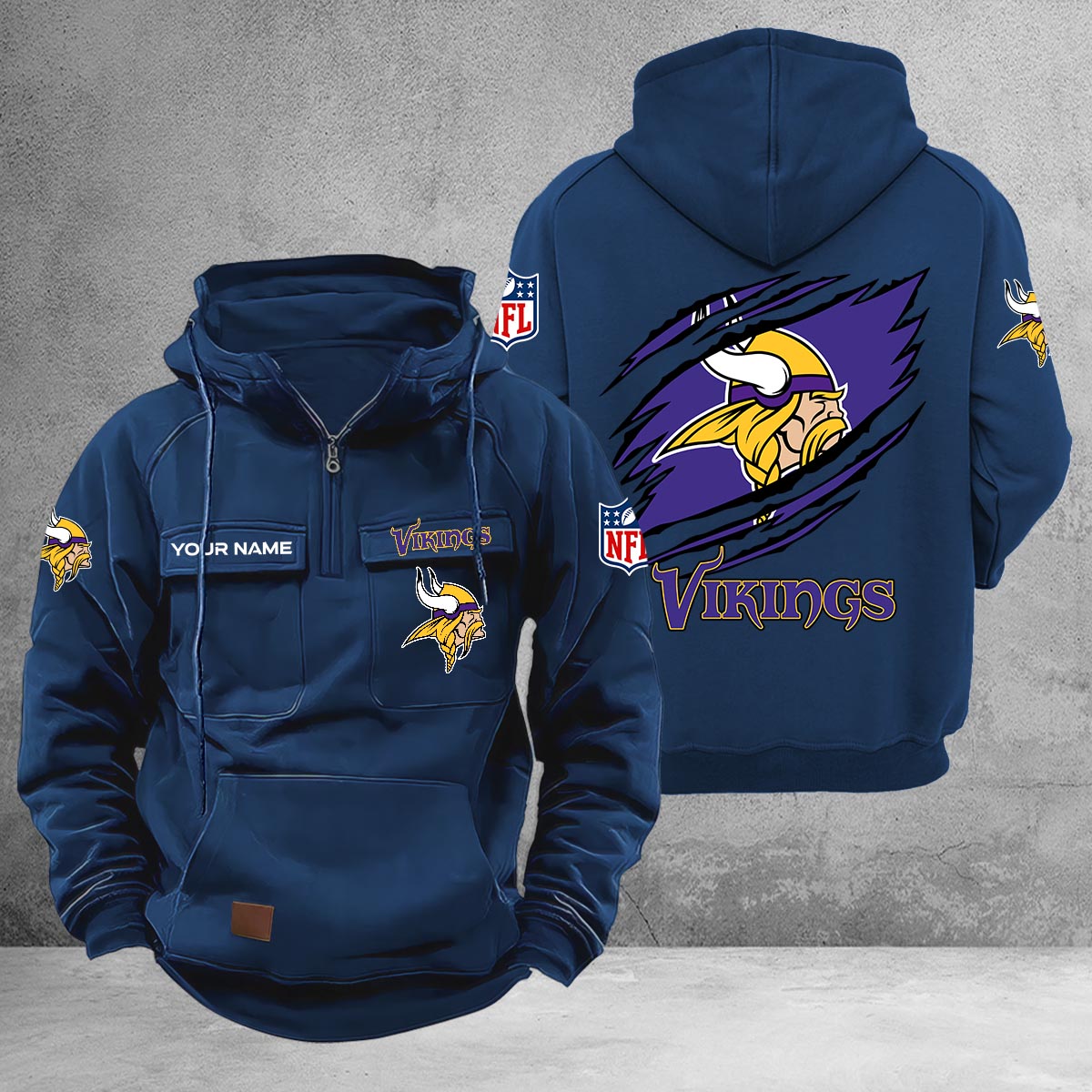 Minnesota Vikings Multi-Pockets Zip-Up Hoodie - Famjoys Minnesota Vikings Multi-Pockets Zip-Up Hoodie - Famjoys