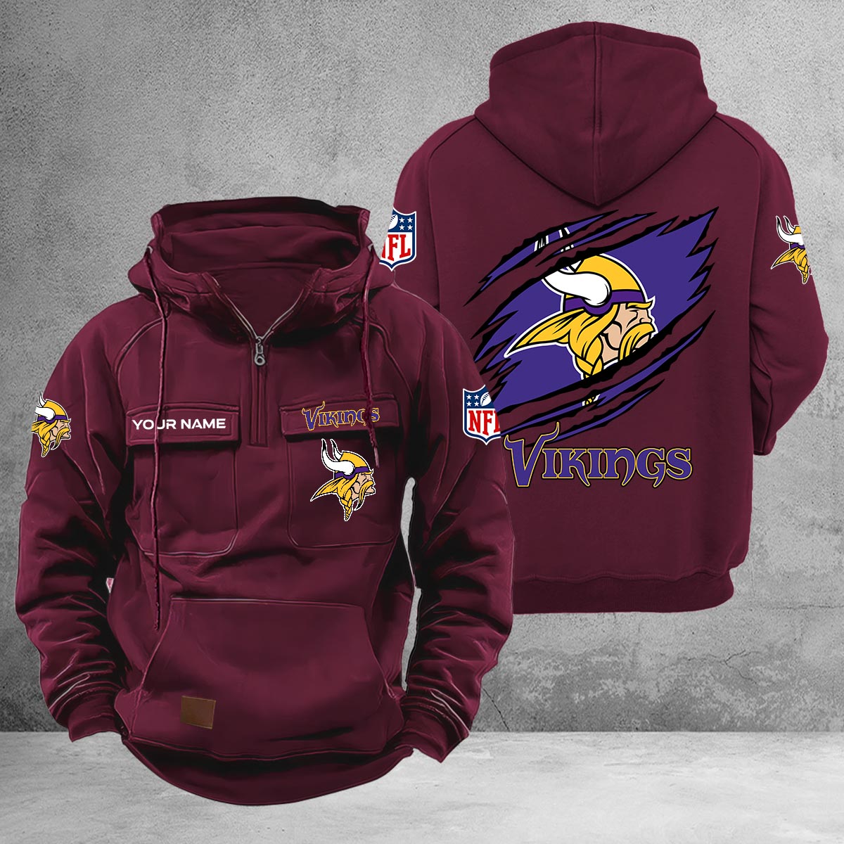Minnesota Vikings Multi-Pockets Zip-Up Hoodie - Famjoys Minnesota Vikings Multi-Pockets Zip-Up Hoodie - Famjoys