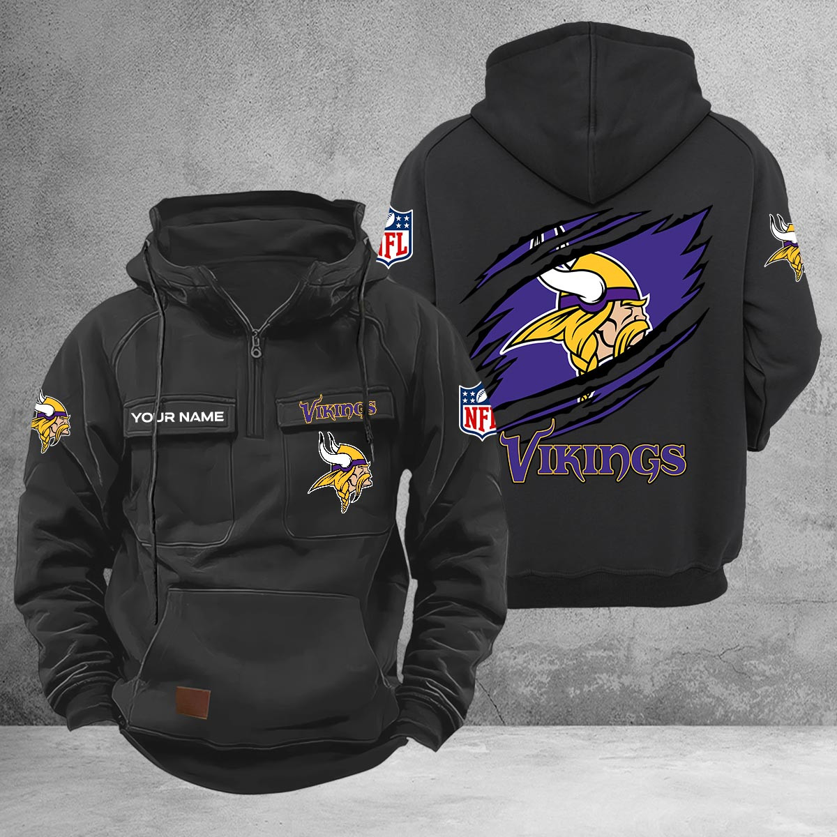 Minnesota Vikings Multi-Pockets Zip-Up Hoodie - Famjoys Minnesota Vikings Multi-Pockets Zip-Up Hoodie - Famjoys