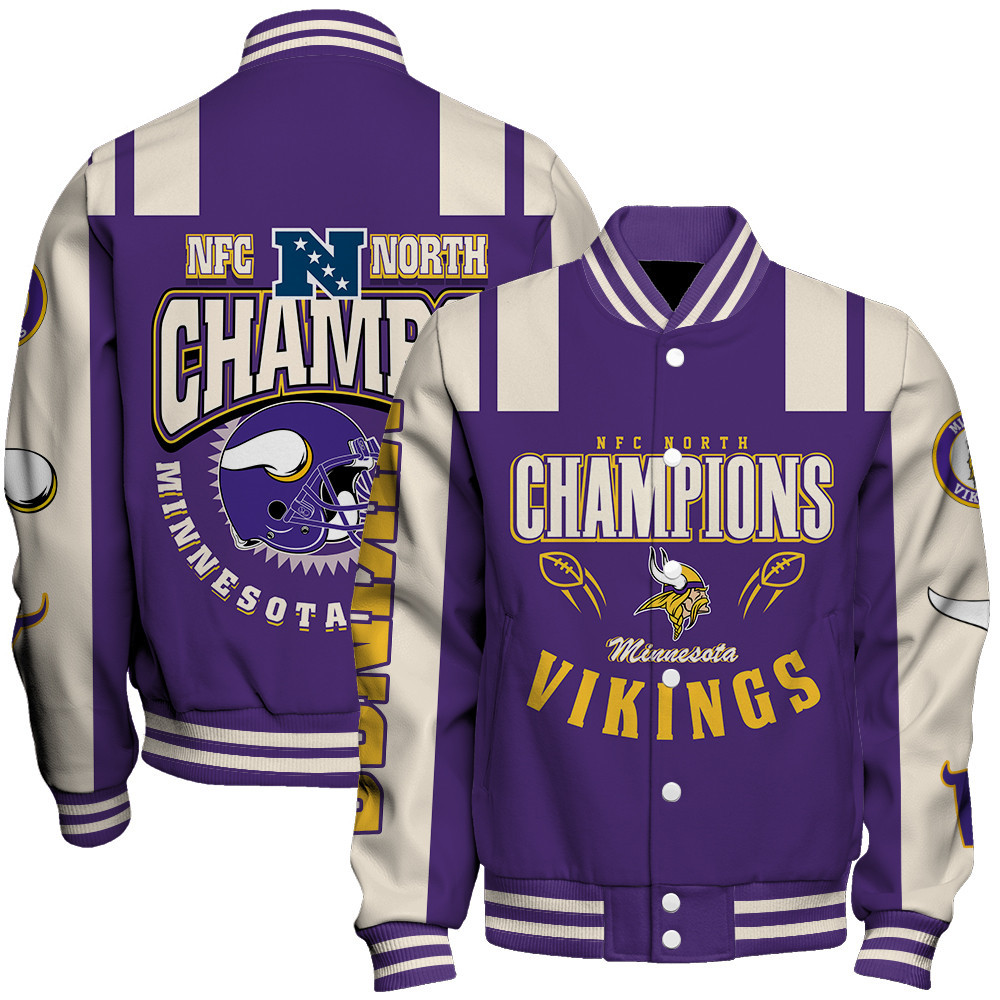 Minnesota Vikings NFC North Champions We're On Fire Varsity Jacket - Famjoys Minnesota Vikings NFC North Champions We're On Fire Varsity Jacket - Famjoys