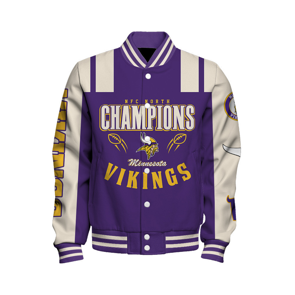 Minnesota Vikings NFC North Champions We're On Fire Varsity Jacket - Famjoys Minnesota Vikings NFC North Champions We're On Fire Varsity Jacket - Famjoys