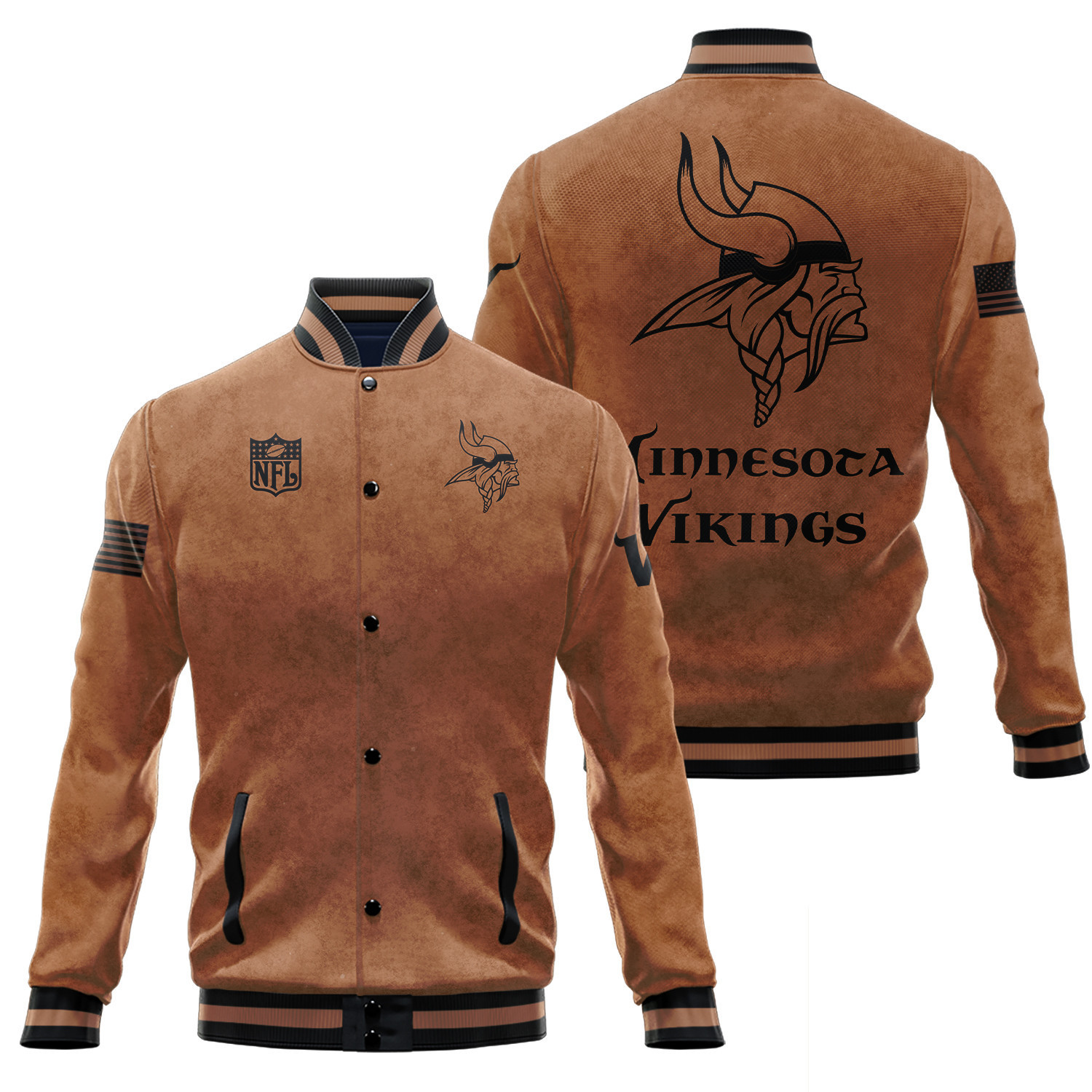 Minnesota Vikings Salute To Service Club Baseball Jacket Varsity Jacket - Brown - Famjoys Minnesota Vikings Salute To Service Club Baseball Jacket Varsity Jacket - Brown - Famjoys