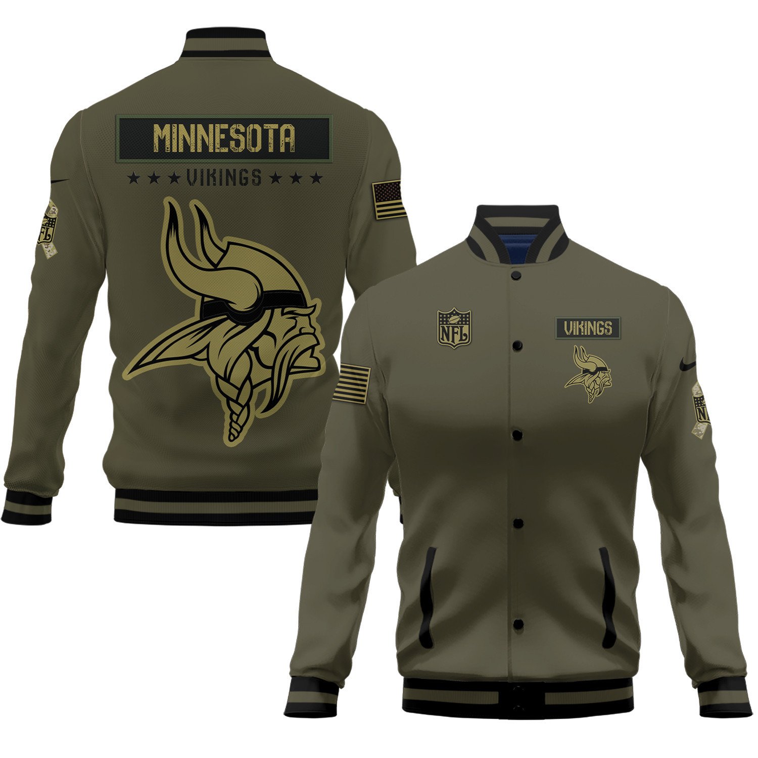 Minnesota Vikings Salute To Service Club Baseball Jacket Varsity Jacket - Green - Famjoys Minnesota Vikings Salute To Service Club Baseball Jacket Varsity Jacket - Green - Famjoys