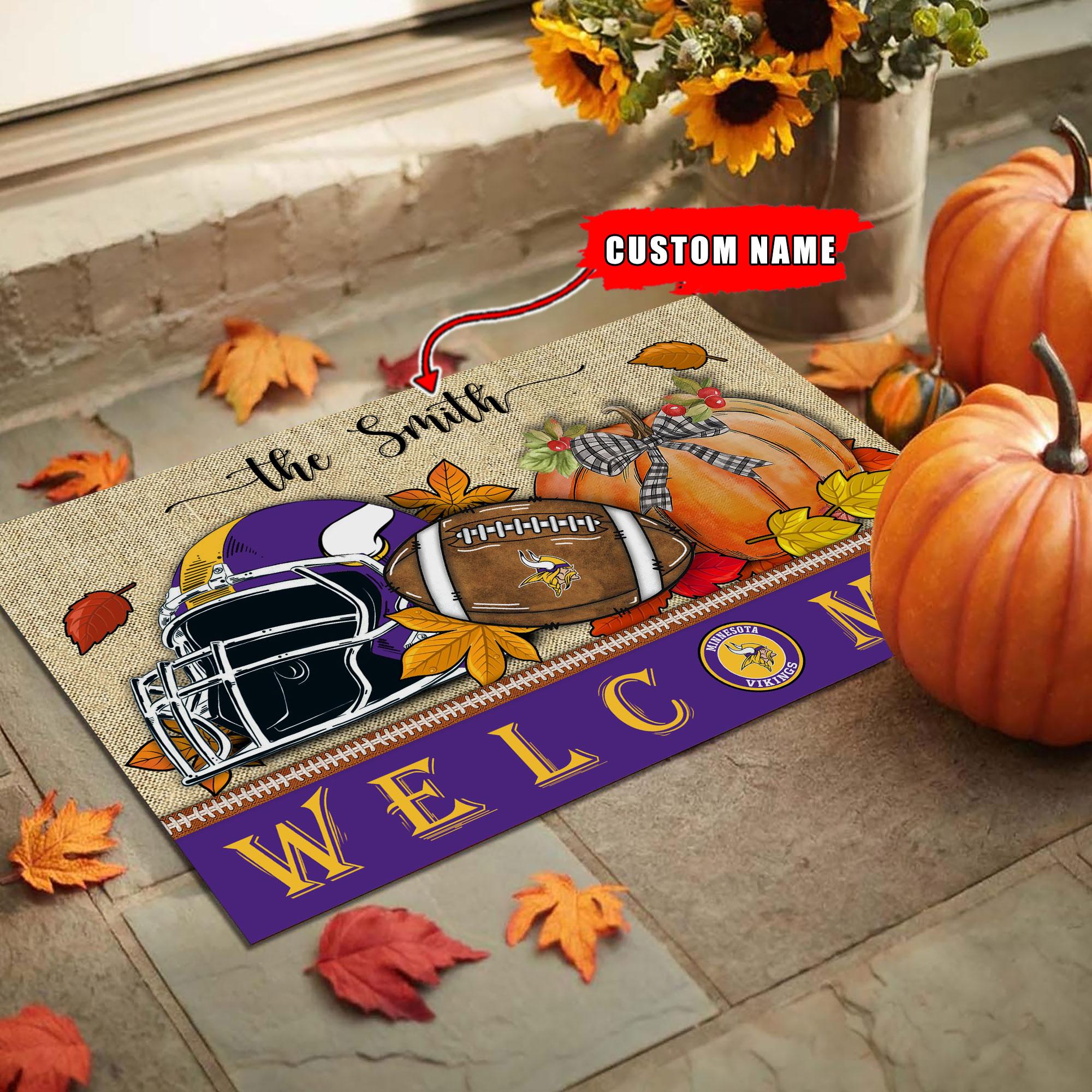 Minnesota Vikings Welcome Fall Football Doormat - Famjoys Minnesota Vikings Welcome Fall Football Doormat - Famjoys