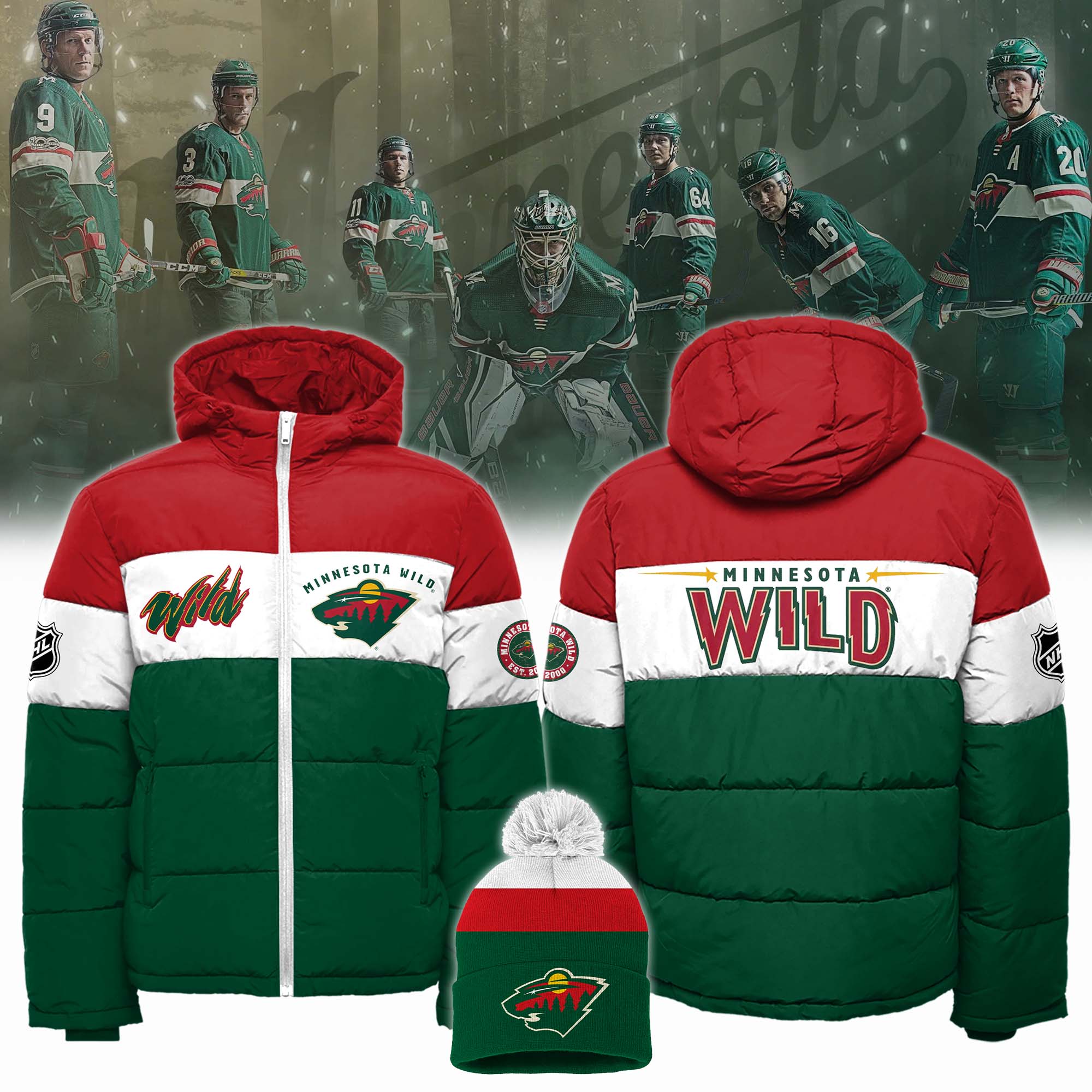 Minnesota Wild Premium 3D Down Jacket & Bobble Hat - Famjoys Minnesota Wild Premium 3D Down Jacket & Bobble Hat - Famjoys