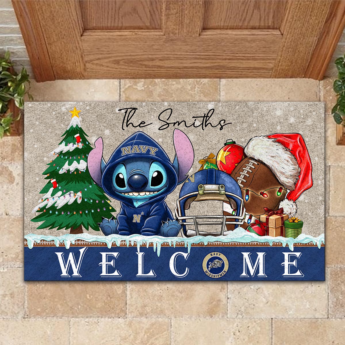 Navy Midshipmen Cute Stitch Christmas Doormat - Famjoys Navy Midshipmen Cute Stitch Christmas Doormat - Famjoys