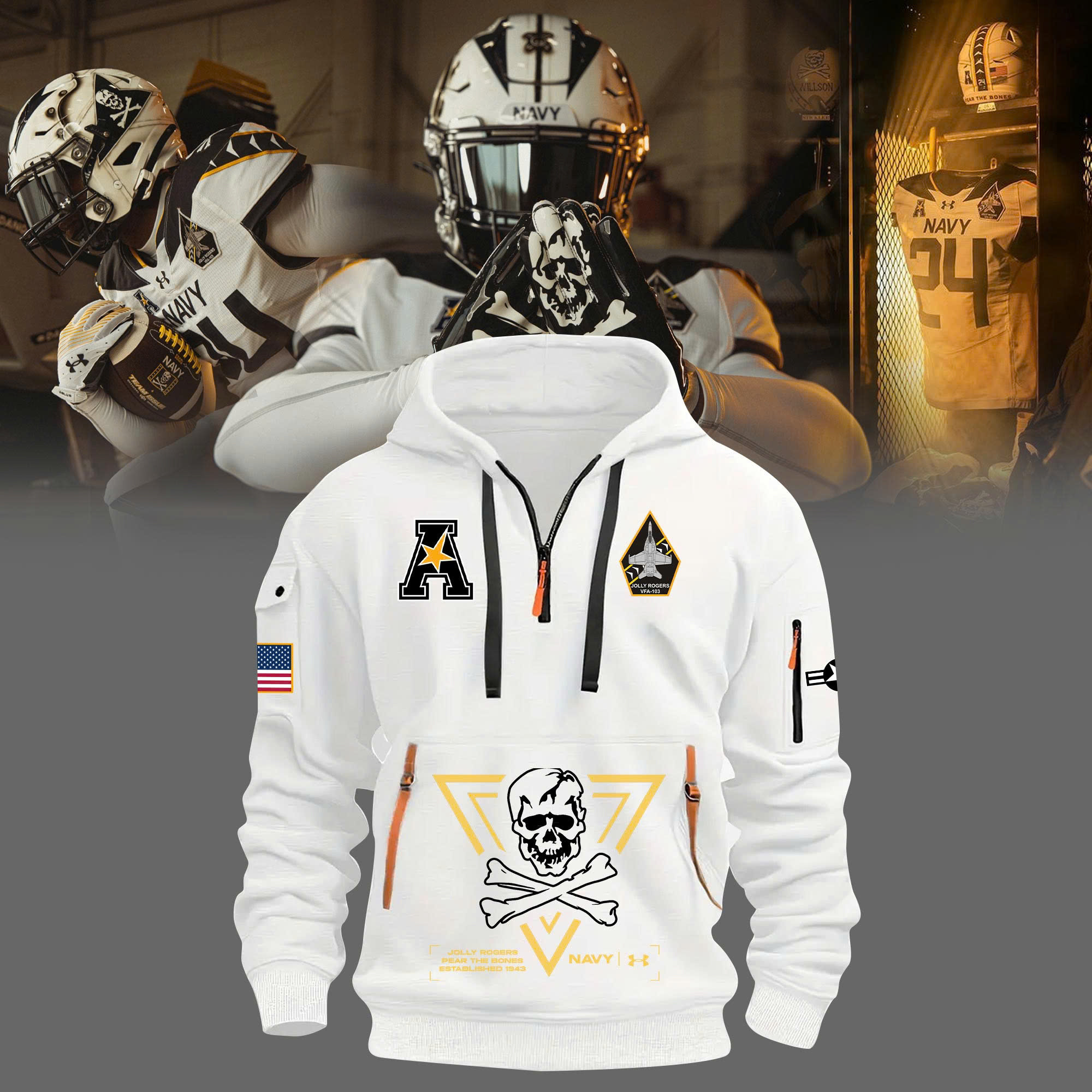 Navy Midshipmen Football Quarter Zip Hoodie - Famjoys Navy Midshipmen Football Quarter Zip Hoodie - Famjoys