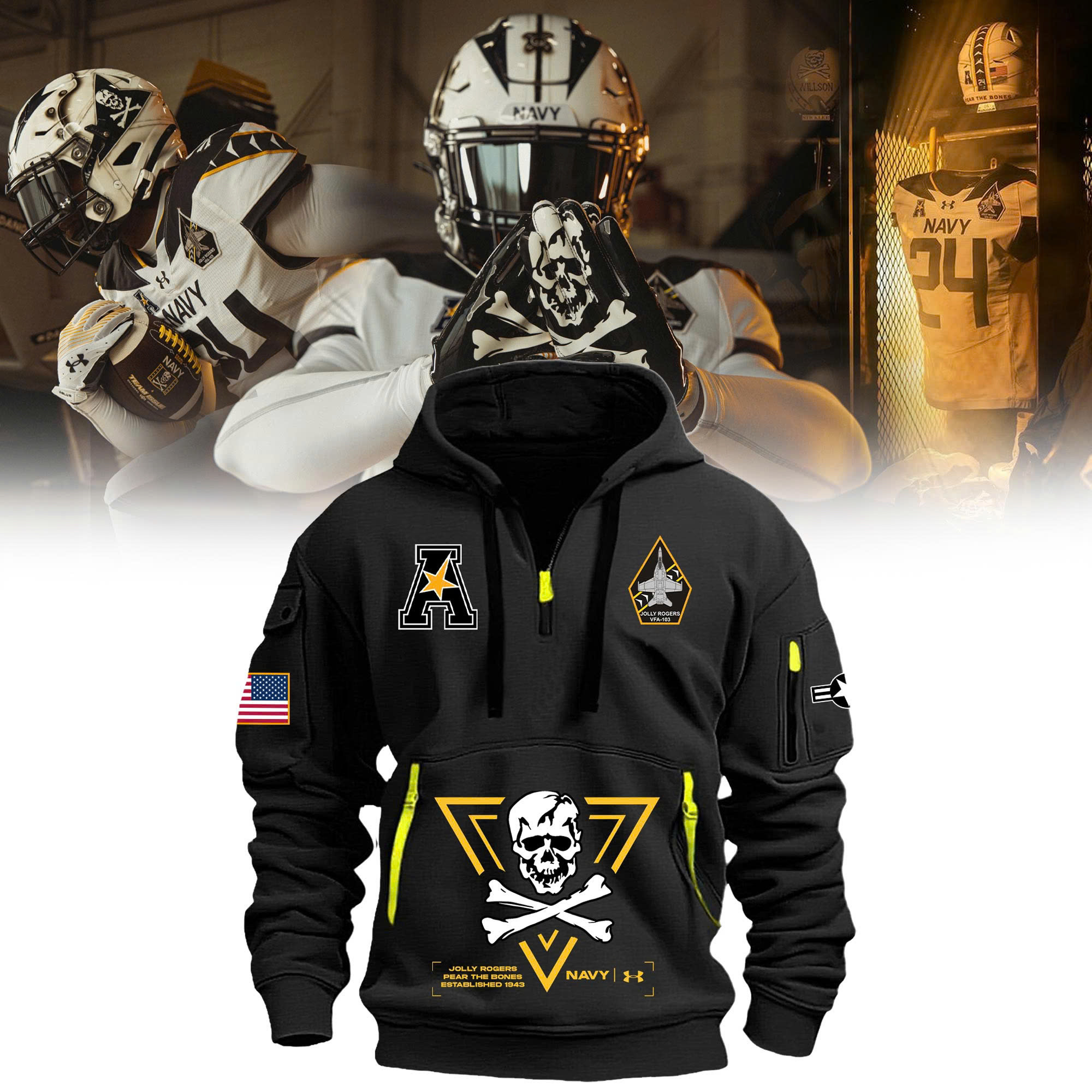 Navy Midshipmen Football Quarter Zip Hoodie - Famjoys Navy Midshipmen Football Quarter Zip Hoodie - Famjoys
