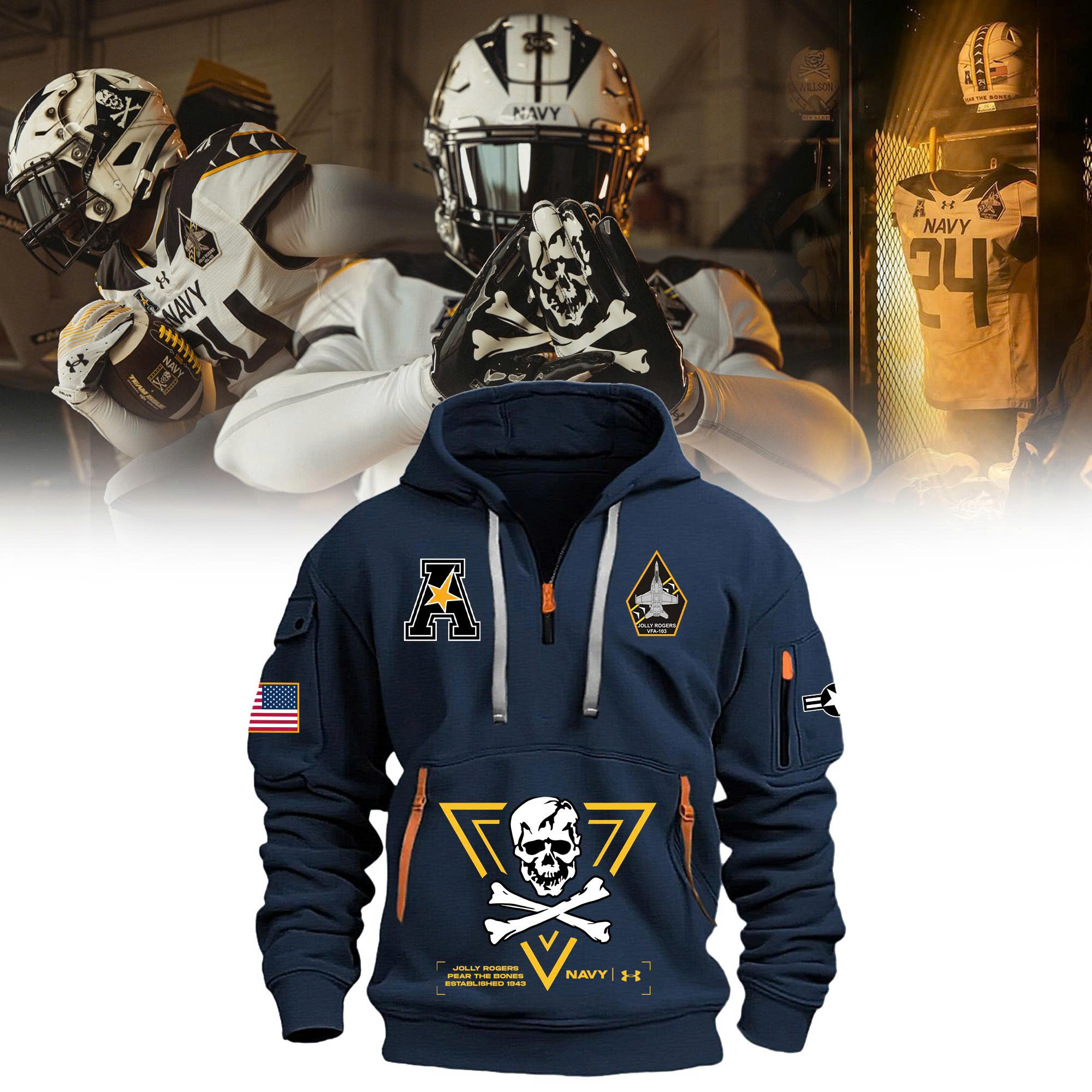 Navy Midshipmen Football Quarter Zip Hoodie - Famjoys Navy Midshipmen Football Quarter Zip Hoodie - Famjoys