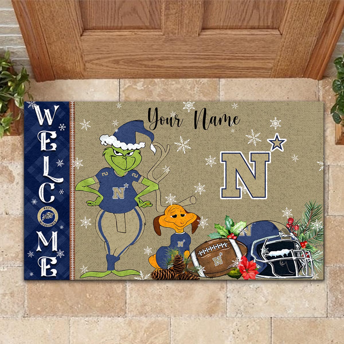 Navy Midshipmen Grinch Christmas Welcome Football Doormat - Famjoys Navy Midshipmen Grinch Christmas Welcome Football Doormat - Famjoys