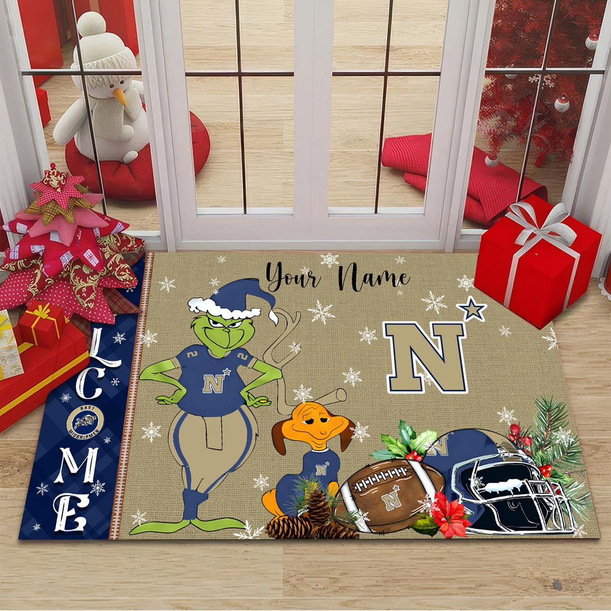 Navy Midshipmen Grinch Christmas Welcome Football Doormat - Famjoys Navy Midshipmen Grinch Christmas Welcome Football Doormat - Famjoys