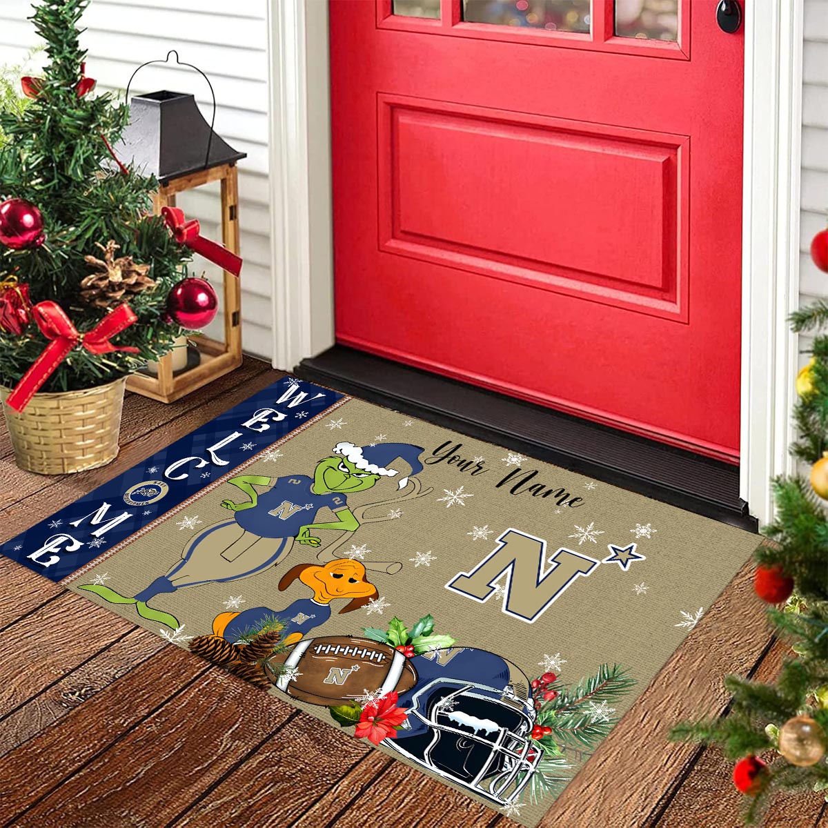 Navy Midshipmen Grinch Christmas Welcome Football Doormat - Famjoys Navy Midshipmen Grinch Christmas Welcome Football Doormat - Famjoys