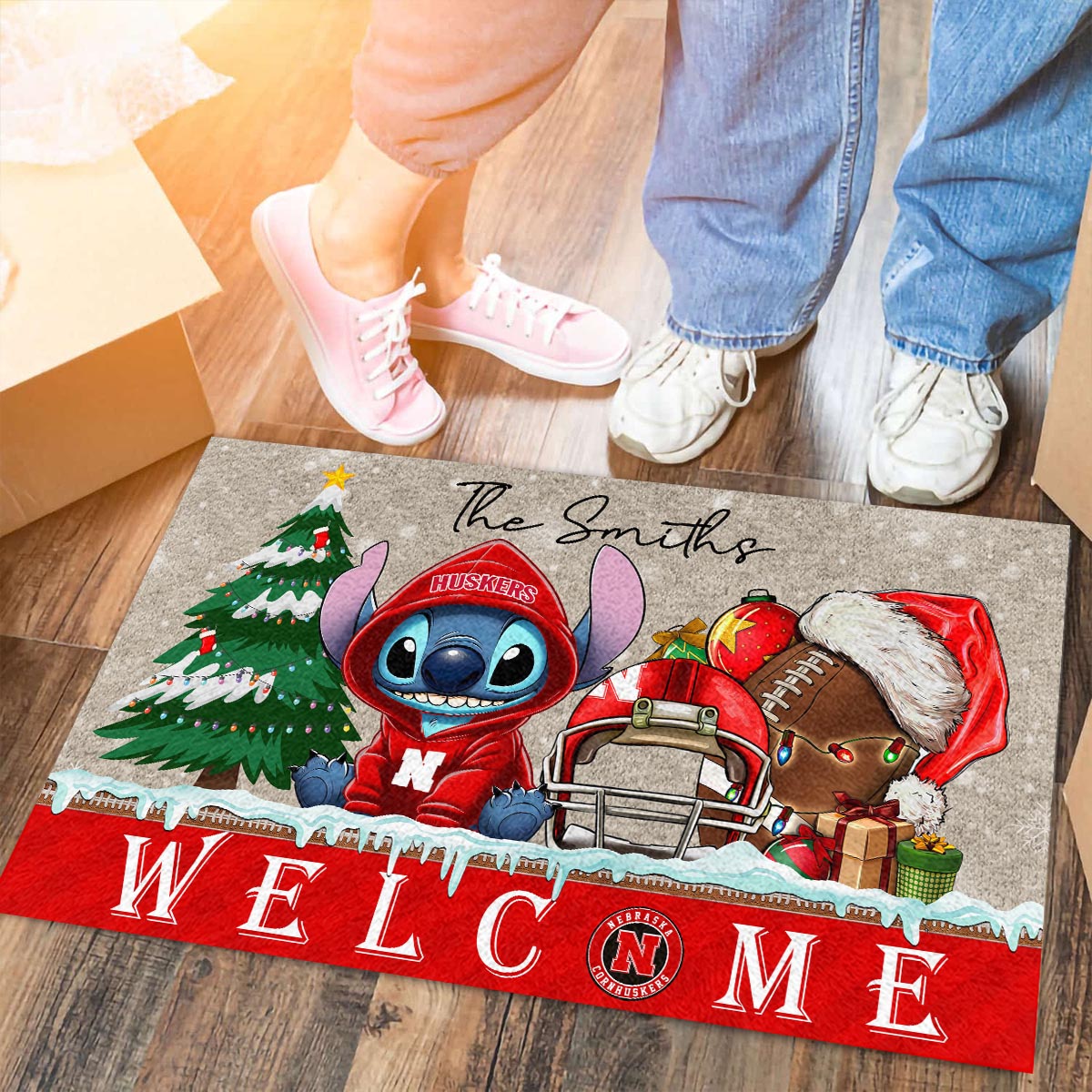 Nebraska Cornhuskers Cute Stitch Christmas Doormat - Famjoys Nebraska Cornhuskers Cute Stitch Christmas Doormat - Famjoys