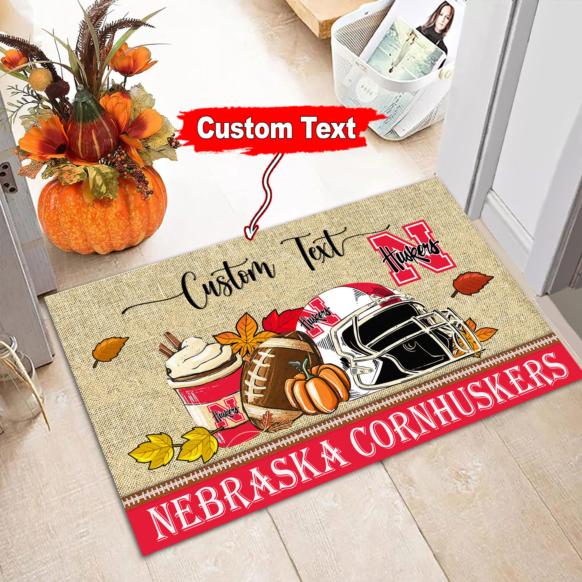 Nebraska Cornhuskers Fall Football Custom Doormat - Custom Text - Famjoys Nebraska Cornhuskers Fall Football Custom Doormat - Custom Text - Famjoys