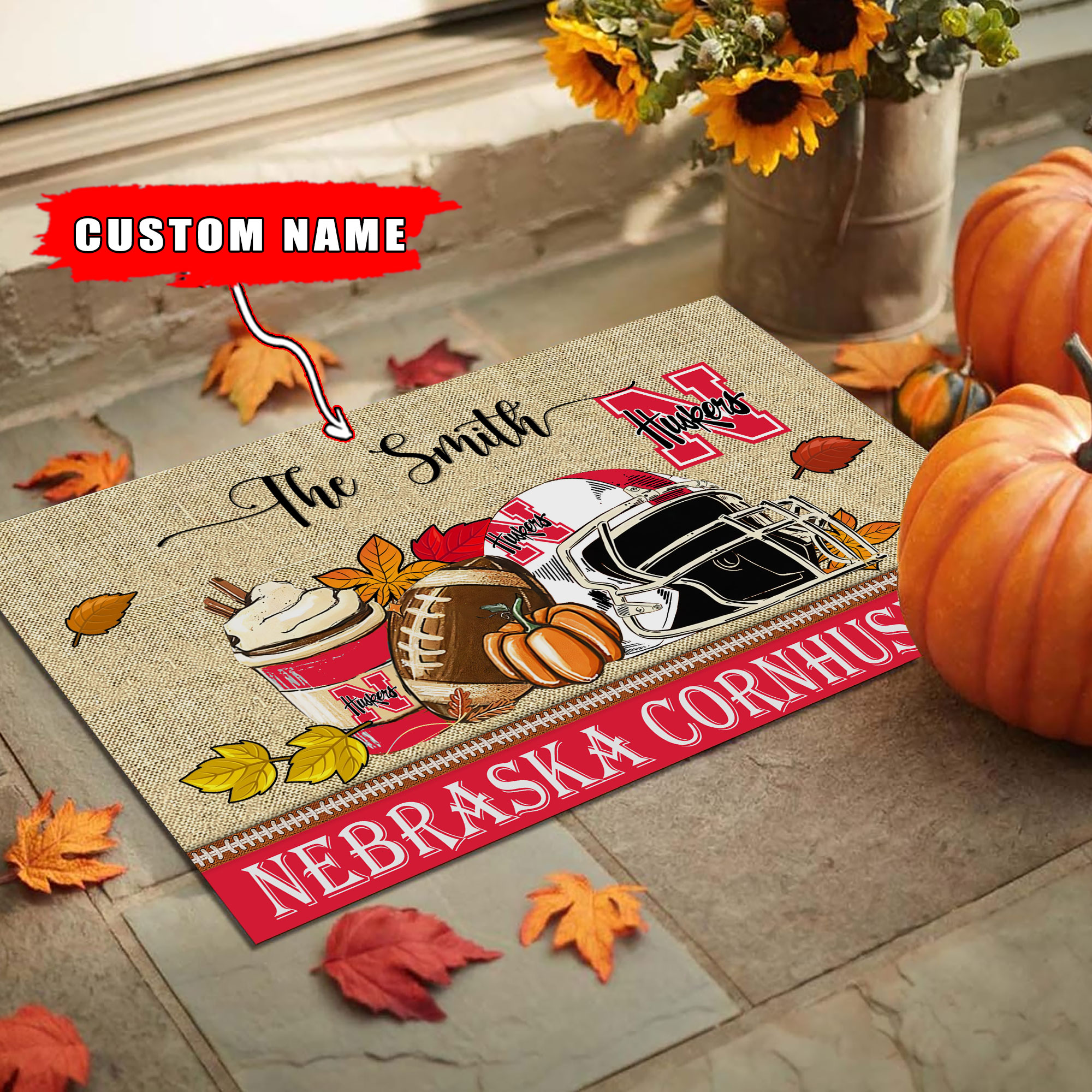 Nebraska Cornhuskers Fall Football Custom Doormat - Custom Text - Famjoys Nebraska Cornhuskers Fall Football Custom Doormat - Custom Text - Famjoys