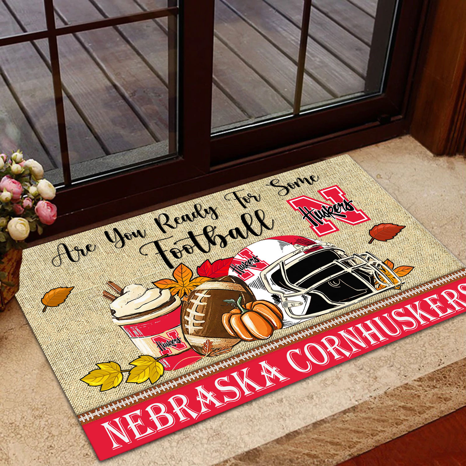 Nebraska Cornhuskers Fall Football Custom Doormat - Custom Text - Famjoys Nebraska Cornhuskers Fall Football Custom Doormat - Custom Text - Famjoys