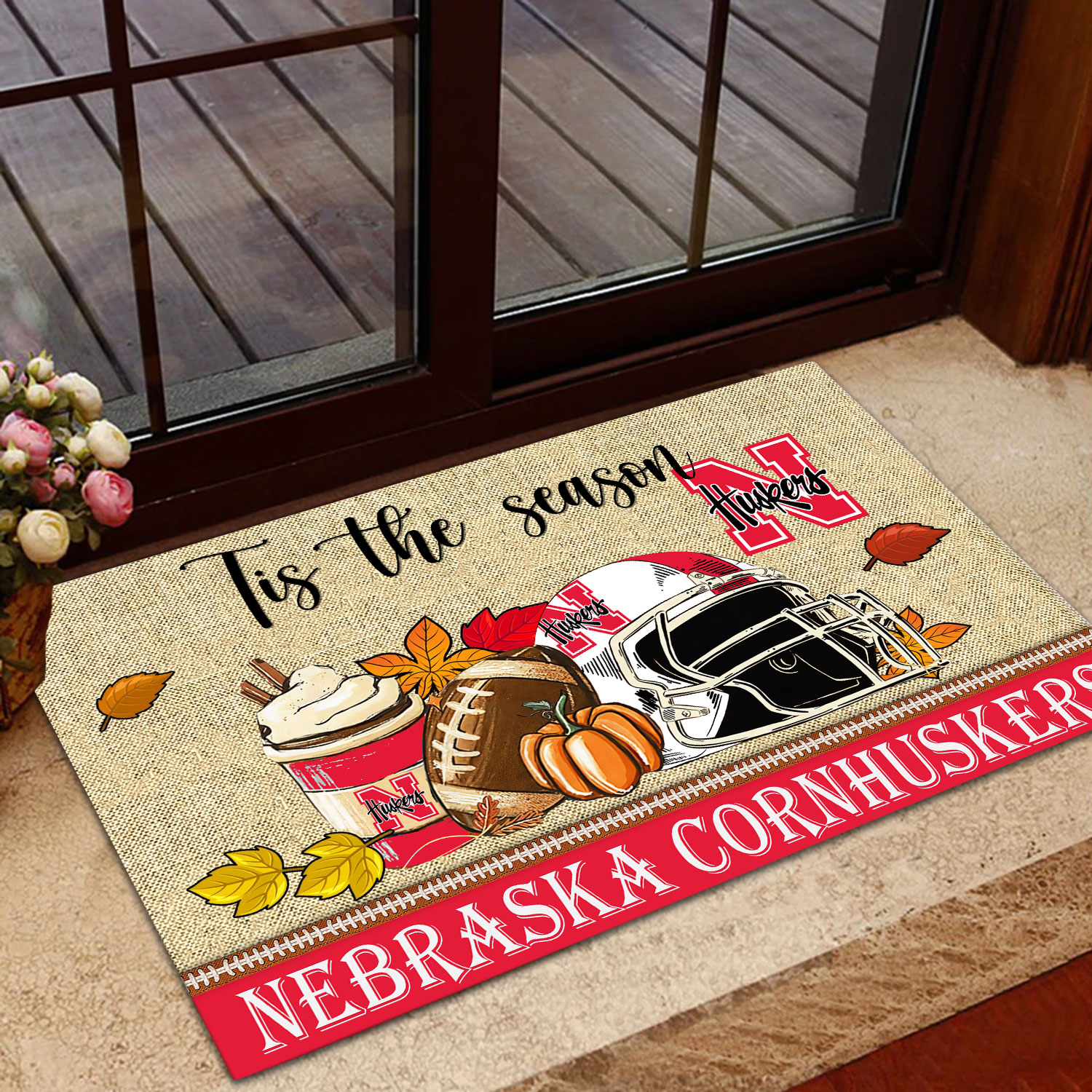 Nebraska Cornhuskers Fall Football Custom Doormat - Custom Text - Famjoys Nebraska Cornhuskers Fall Football Custom Doormat - Custom Text - Famjoys