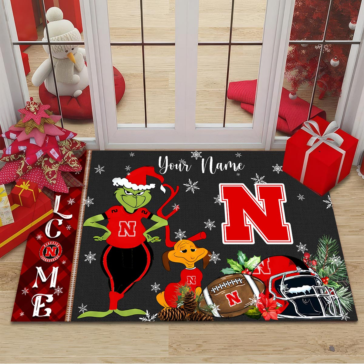 Nebraska Cornhuskers Grinch Christmas Welcome Football Doormat - Famjoys Nebraska Cornhuskers Grinch Christmas Welcome Football Doormat - Famjoys