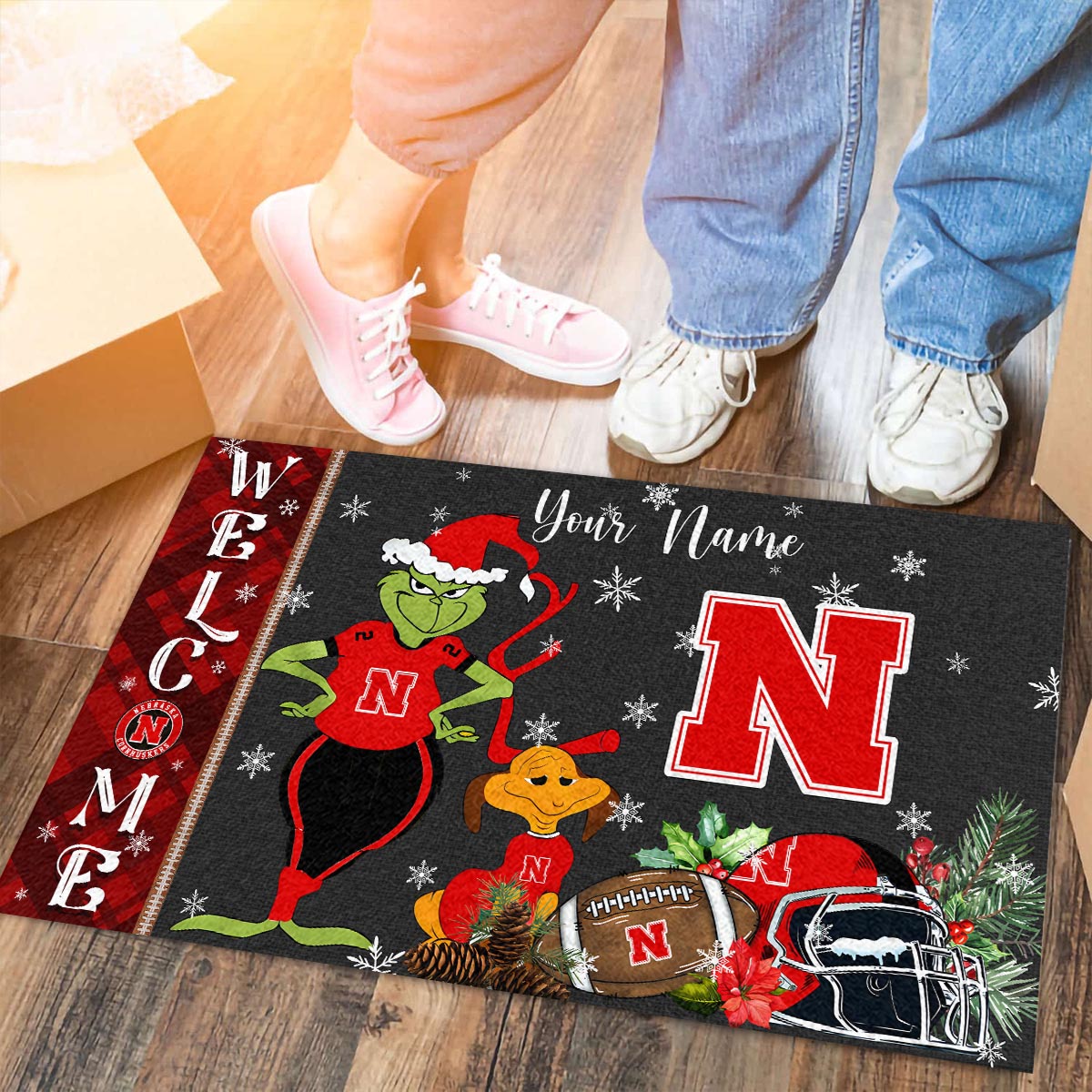 Nebraska Cornhuskers Grinch Christmas Welcome Football Doormat - Famjoys Nebraska Cornhuskers Grinch Christmas Welcome Football Doormat - Famjoys