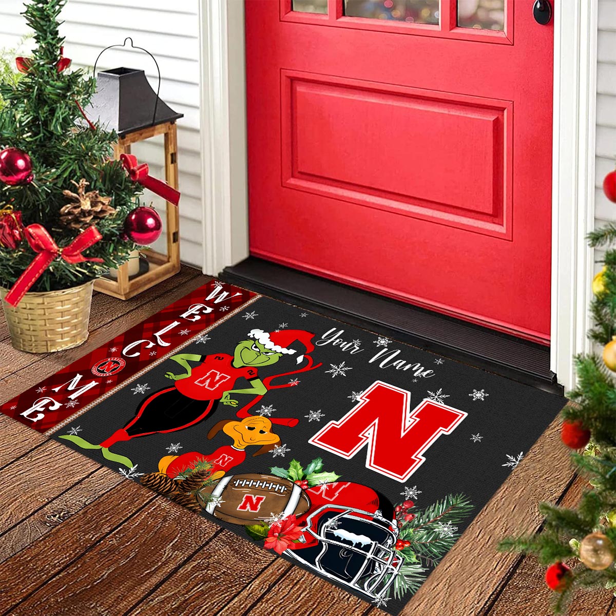 Nebraska Cornhuskers Grinch Christmas Welcome Football Doormat - Famjoys Nebraska Cornhuskers Grinch Christmas Welcome Football Doormat - Famjoys