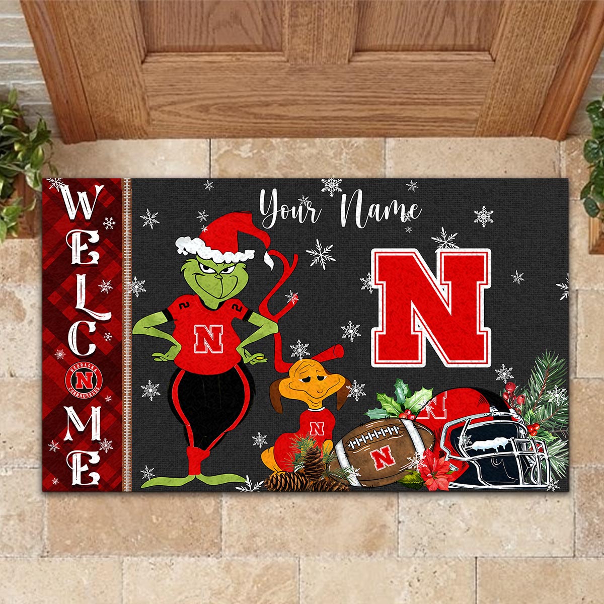 Nebraska Cornhuskers Grinch Christmas Welcome Football Doormat - Famjoys Nebraska Cornhuskers Grinch Christmas Welcome Football Doormat - Famjoys