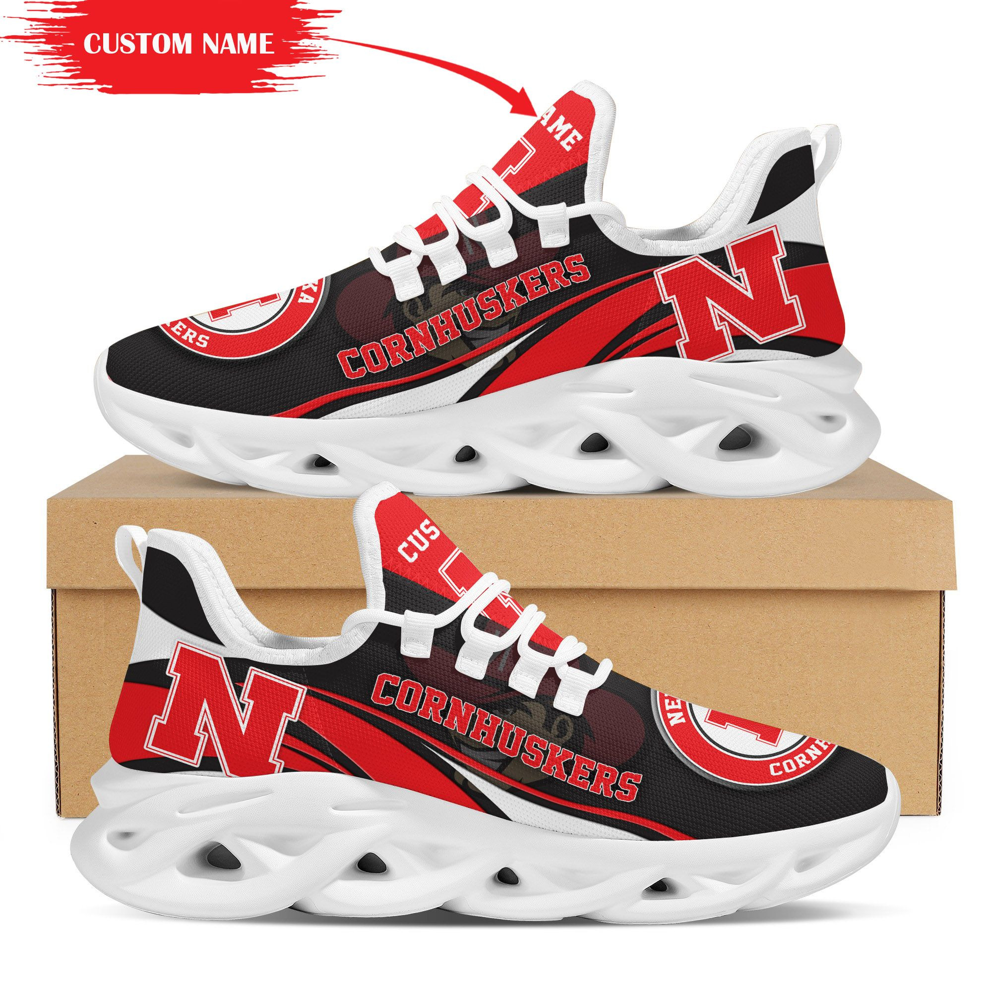 Nebraska Cornhuskers Mascot Custom Name Personalized Max Soul Sneakers - Famjoys Nebraska Cornhuskers Mascot Custom Name Personalized Max Soul Sneakers - Famjoys