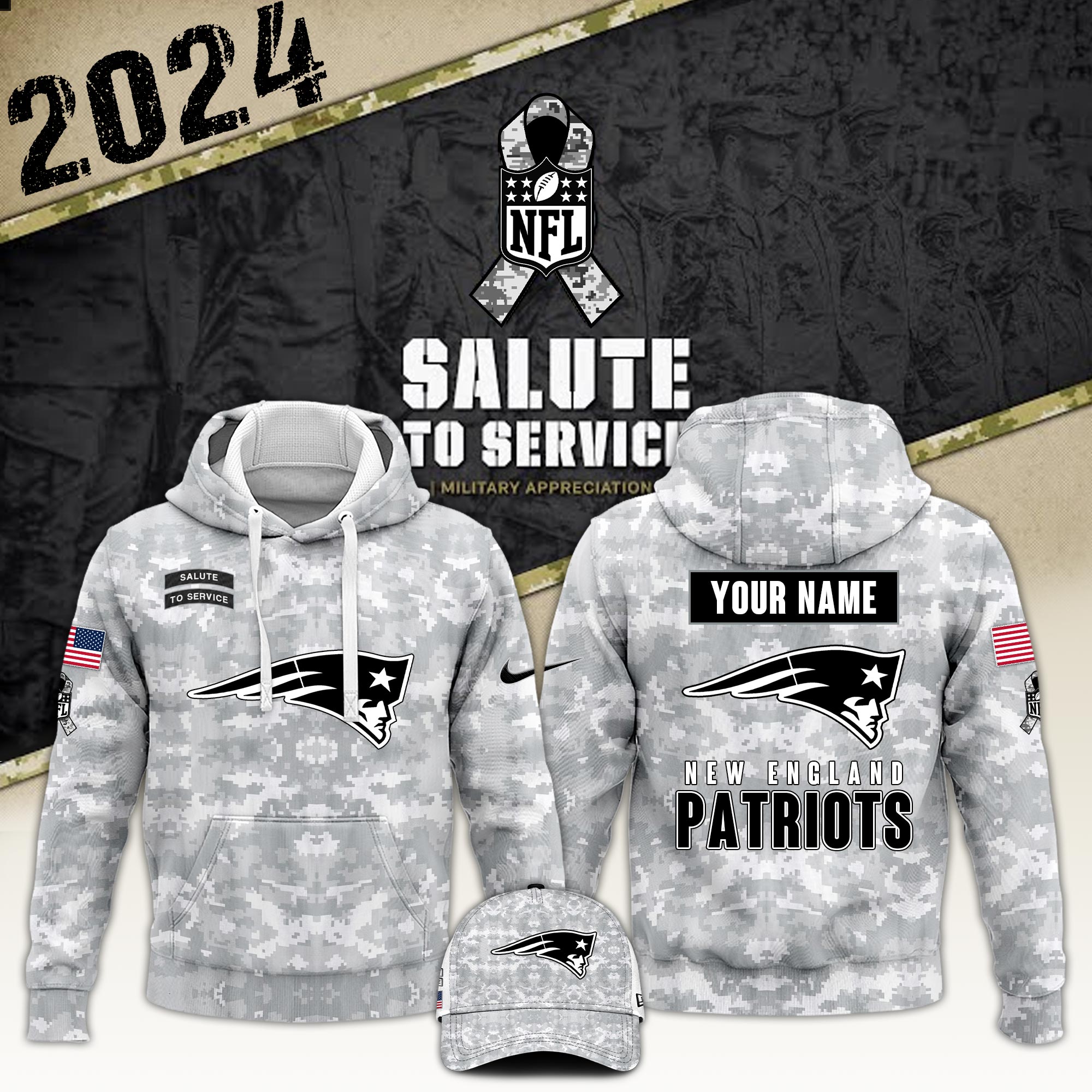 New England Patriots   Arctic Camo  Salute to Service Club Hoodie