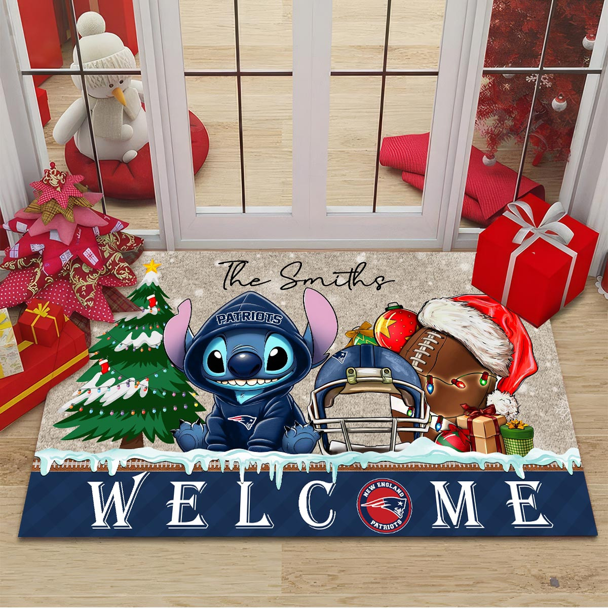 New England Patriots Cute Stitch Christmas Doormat - Famjoys New England Patriots Cute Stitch Christmas Doormat - Famjoys
