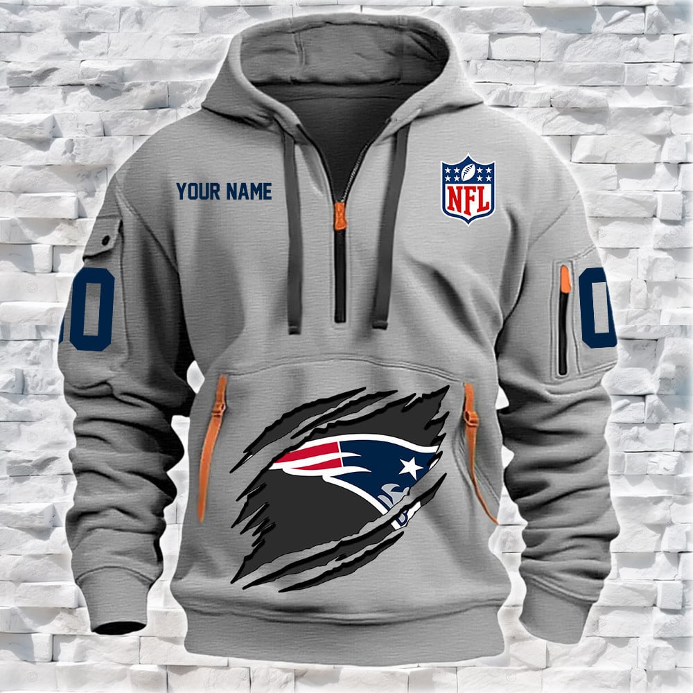 New England Patriots New Personalized Quarter Zip Hoodie NA029 - Famjoys New England Patriots New Personalized Quarter Zip Hoodie NA029 - Famjoys