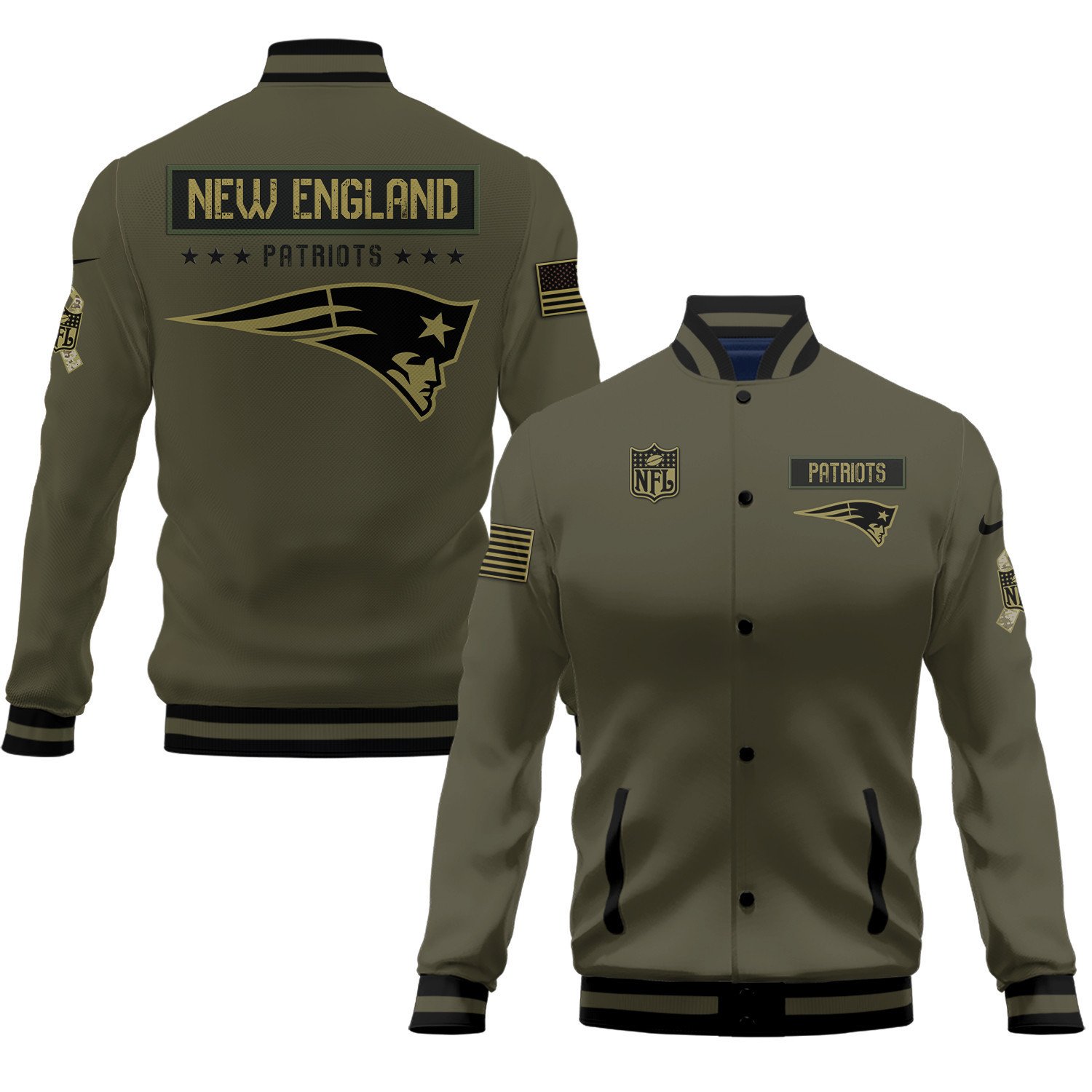 New England Patriots Salute To Service Club Baseball Jacket Varsity Jacket - Green - Famjoys New England Patriots Salute To Service Club Baseball Jacket Varsity Jacket - Green - Famjoys