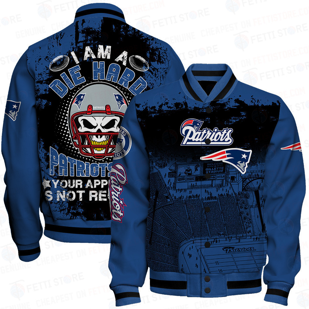 New England Patriots Skull Helmet Halloween Pattern Varsity Jacket - Famjoys New England Patriots Skull Helmet Halloween Pattern Varsity Jacket - Famjoys