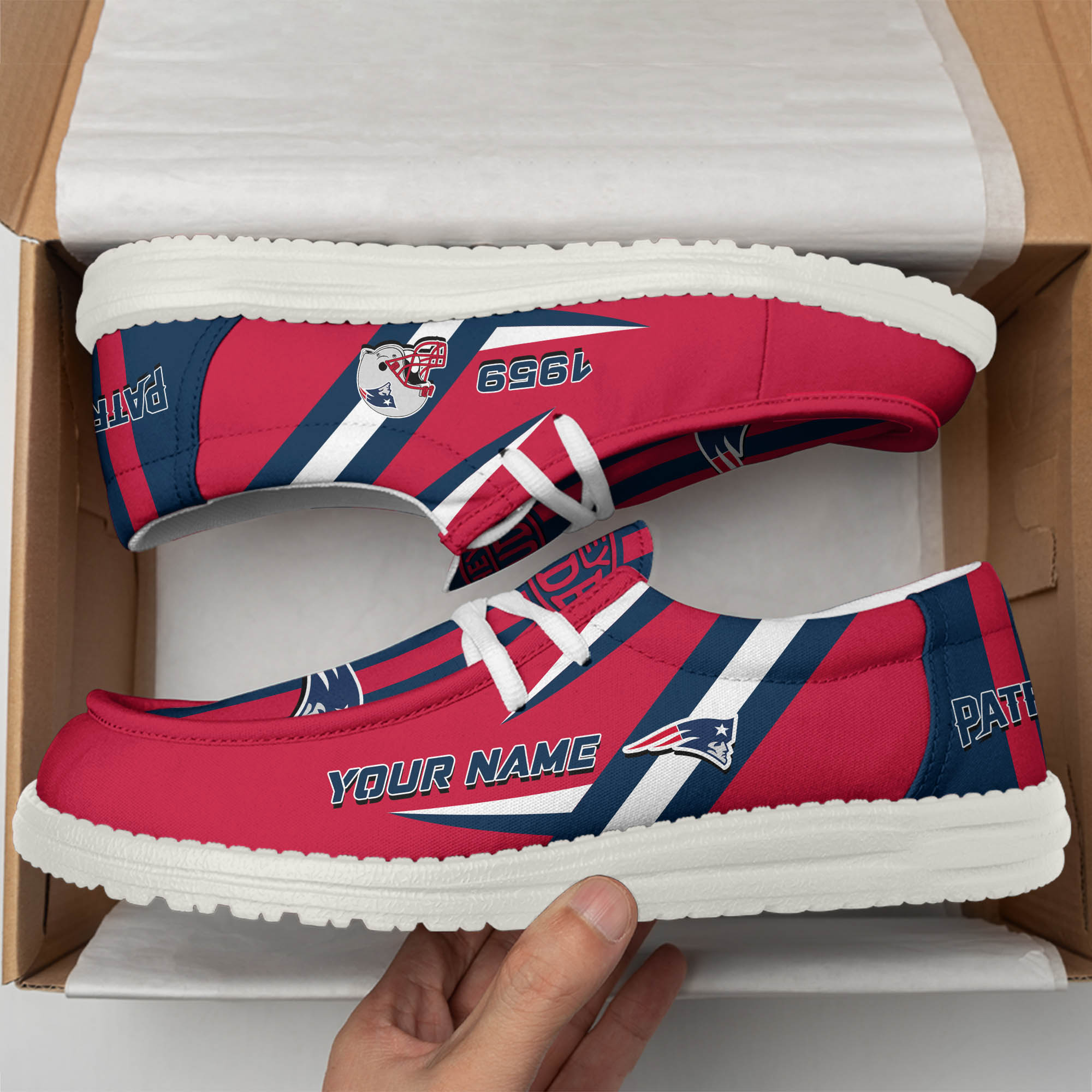 New England Patriots Team White Canvas Loafer Shoes Personalized Your Name - Famjoys New England Patriots Team White Canvas Loafer Shoes Personalized Your Name - Famjoys