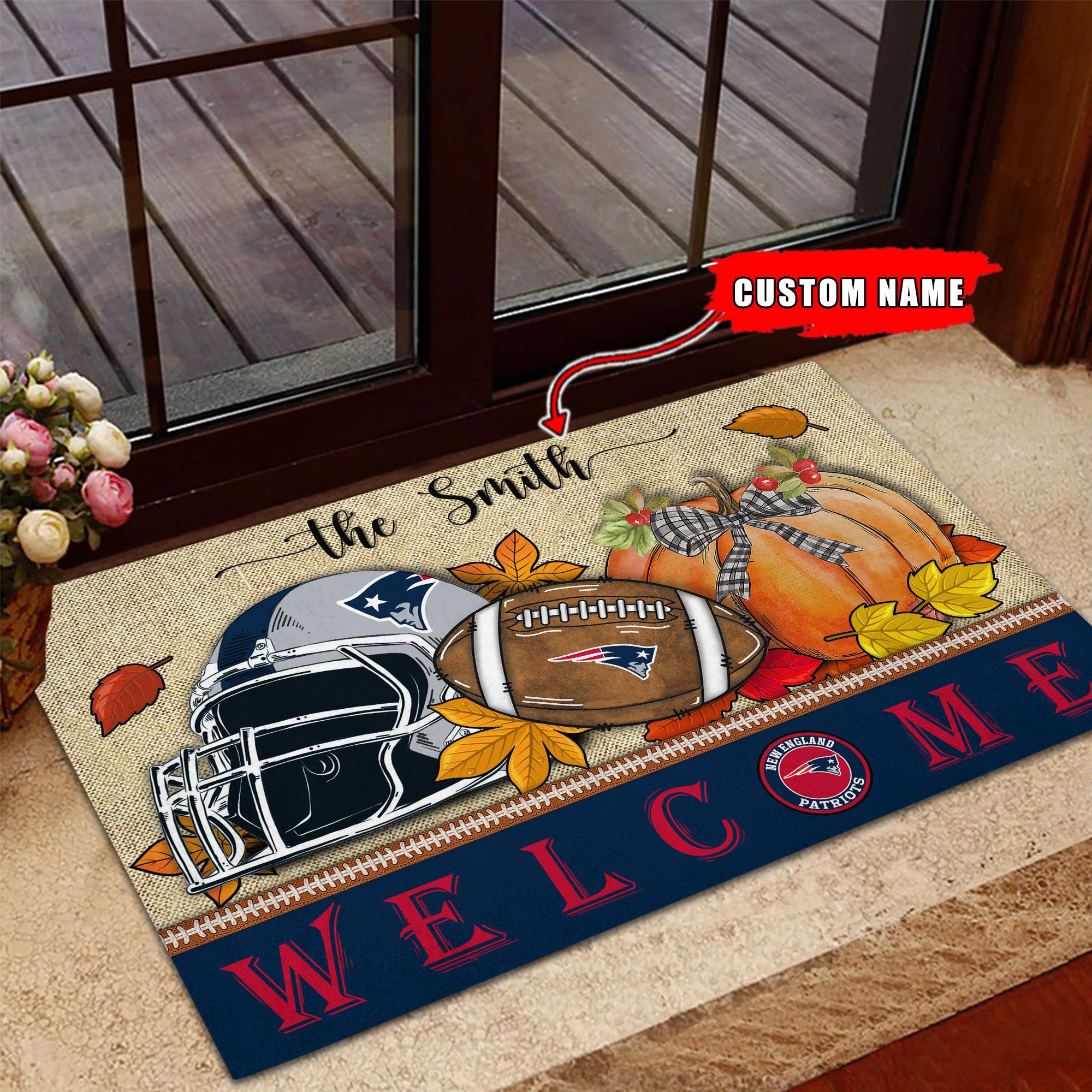 New England Patriots Welcome Fall Football Doormat - Famjoys New England Patriots Welcome Fall Football Doormat - Famjoys
