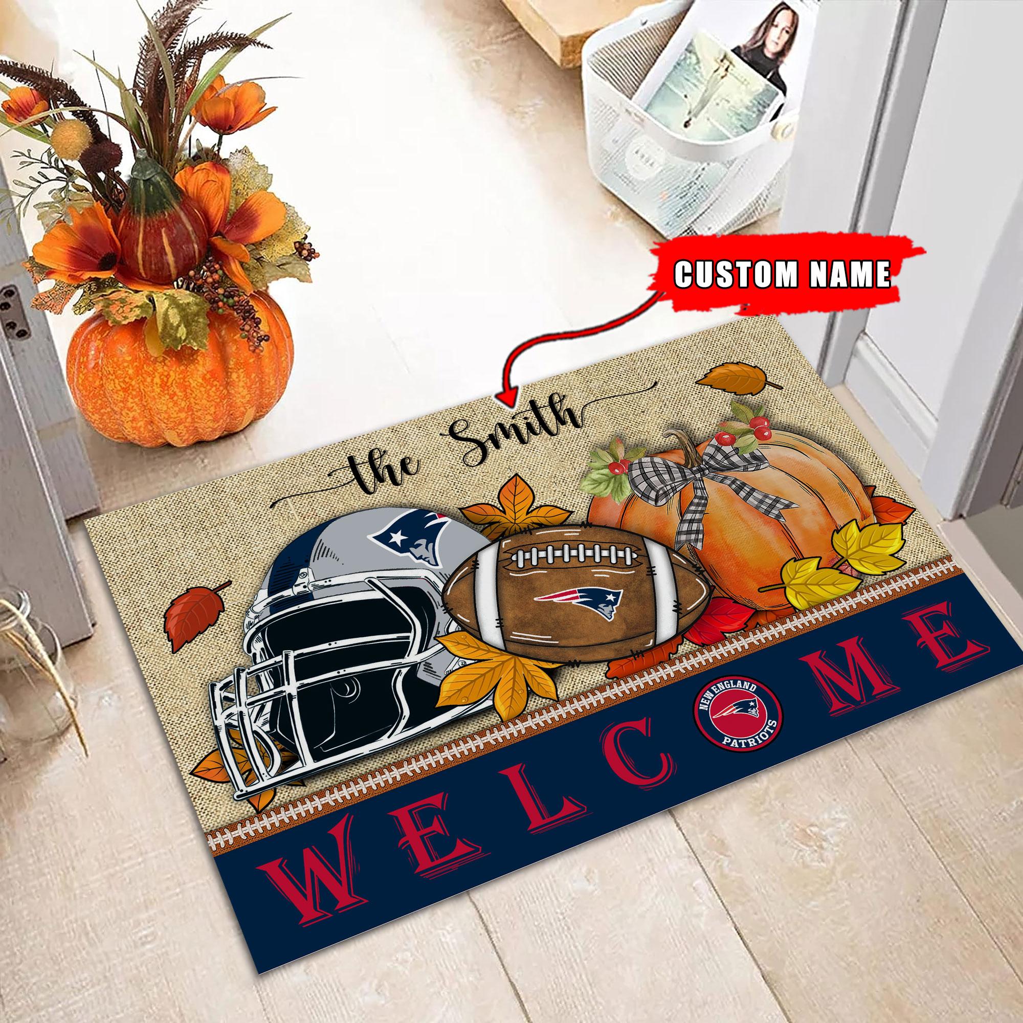 New England Patriots Welcome Fall Football Doormat - Famjoys New England Patriots Welcome Fall Football Doormat - Famjoys