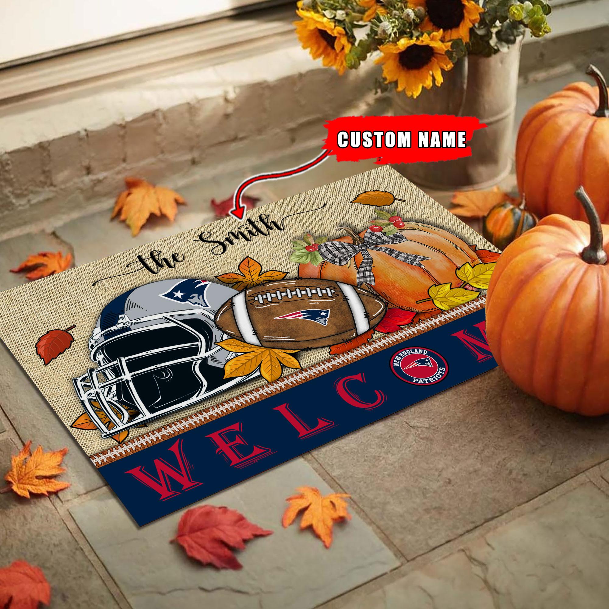 New England Patriots Welcome Fall Football Doormat - Famjoys New England Patriots Welcome Fall Football Doormat - Famjoys