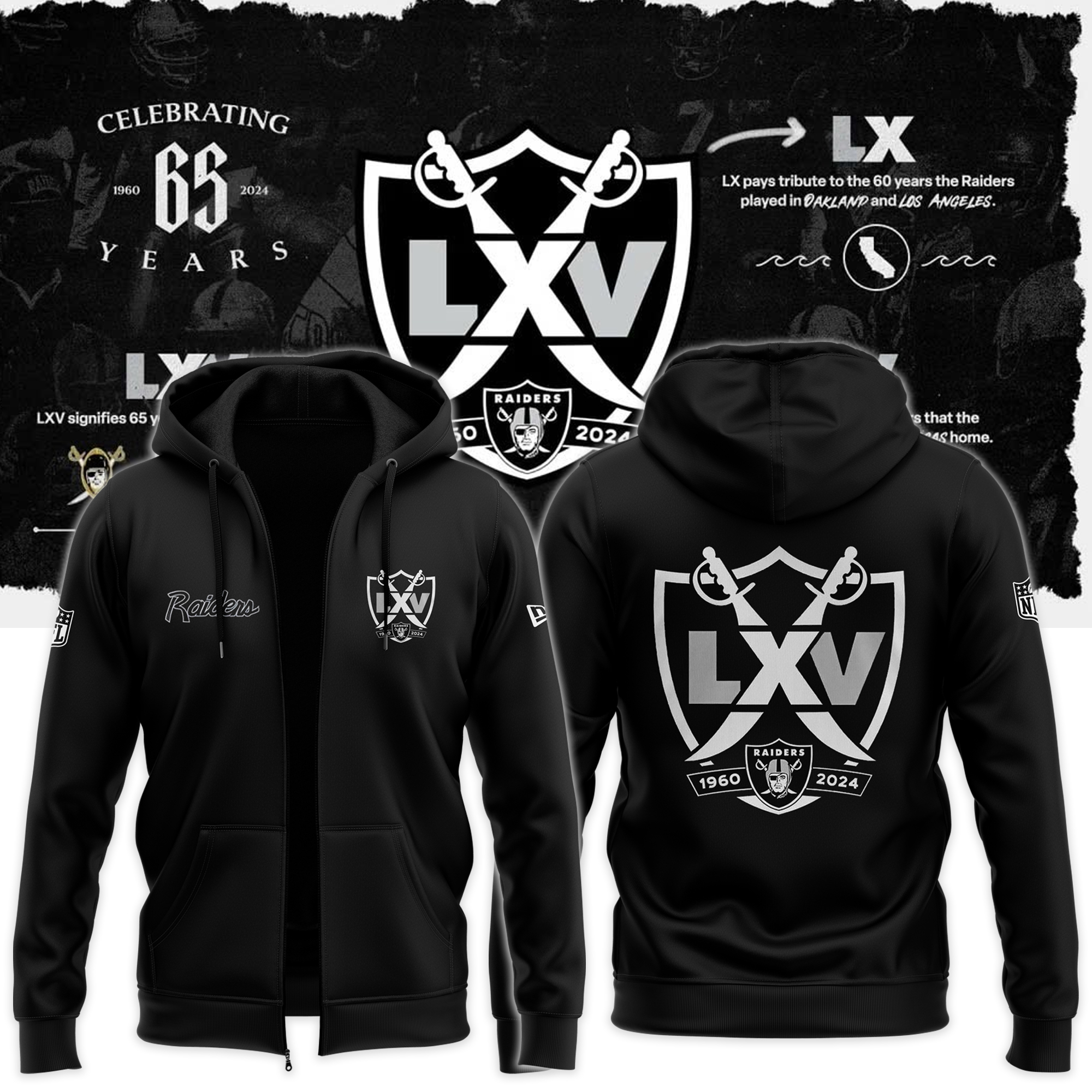 NEW ERA RAIDERS 65TH SEASON ZIP HOODIE - Famjoys NEW ERA RAIDERS 65TH SEASON ZIP HOODIE - Famjoys